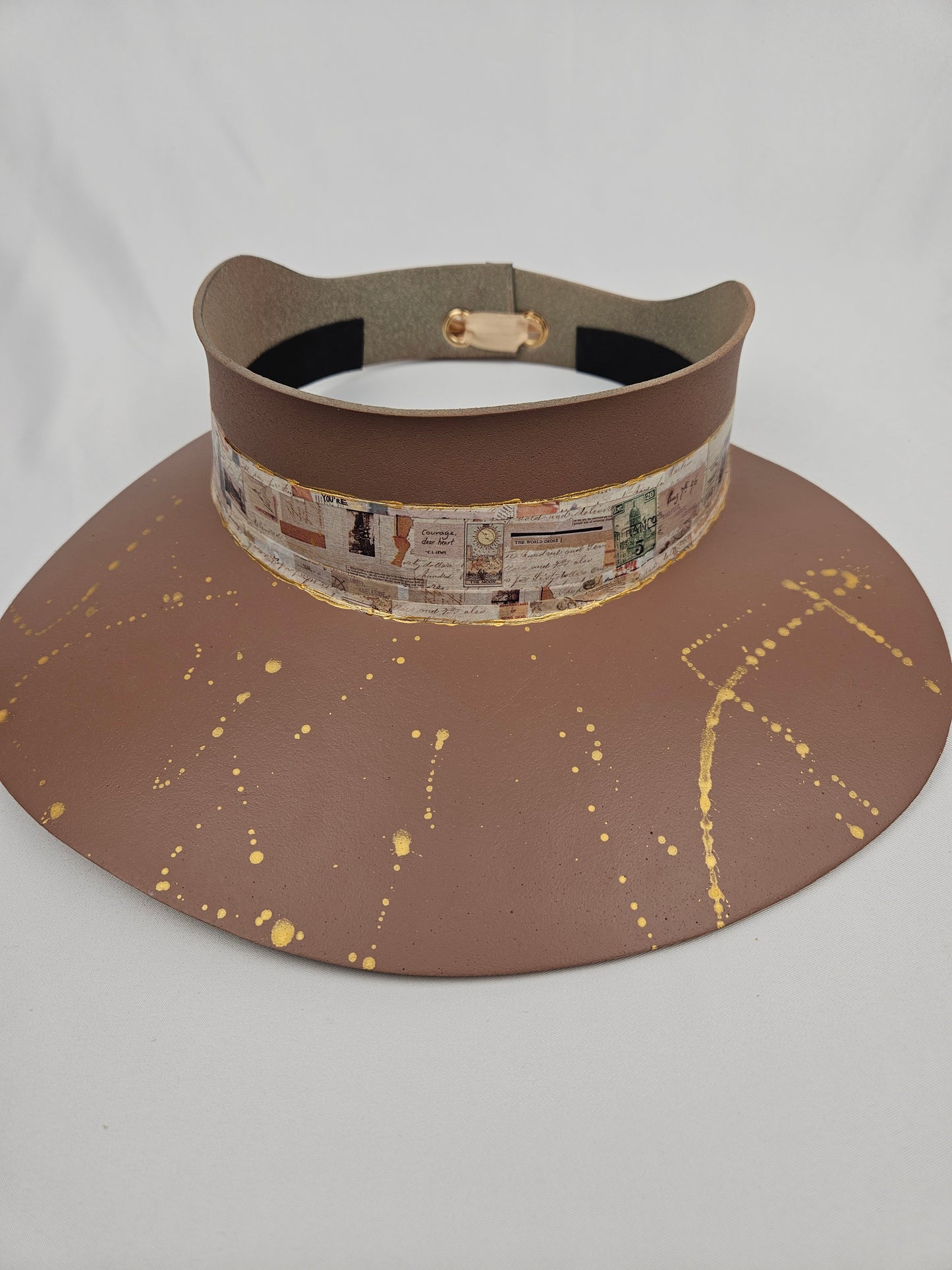 Brown "LadyEVA" Visor Hat with Brown Collage Style Band and Golden Paint Splatter