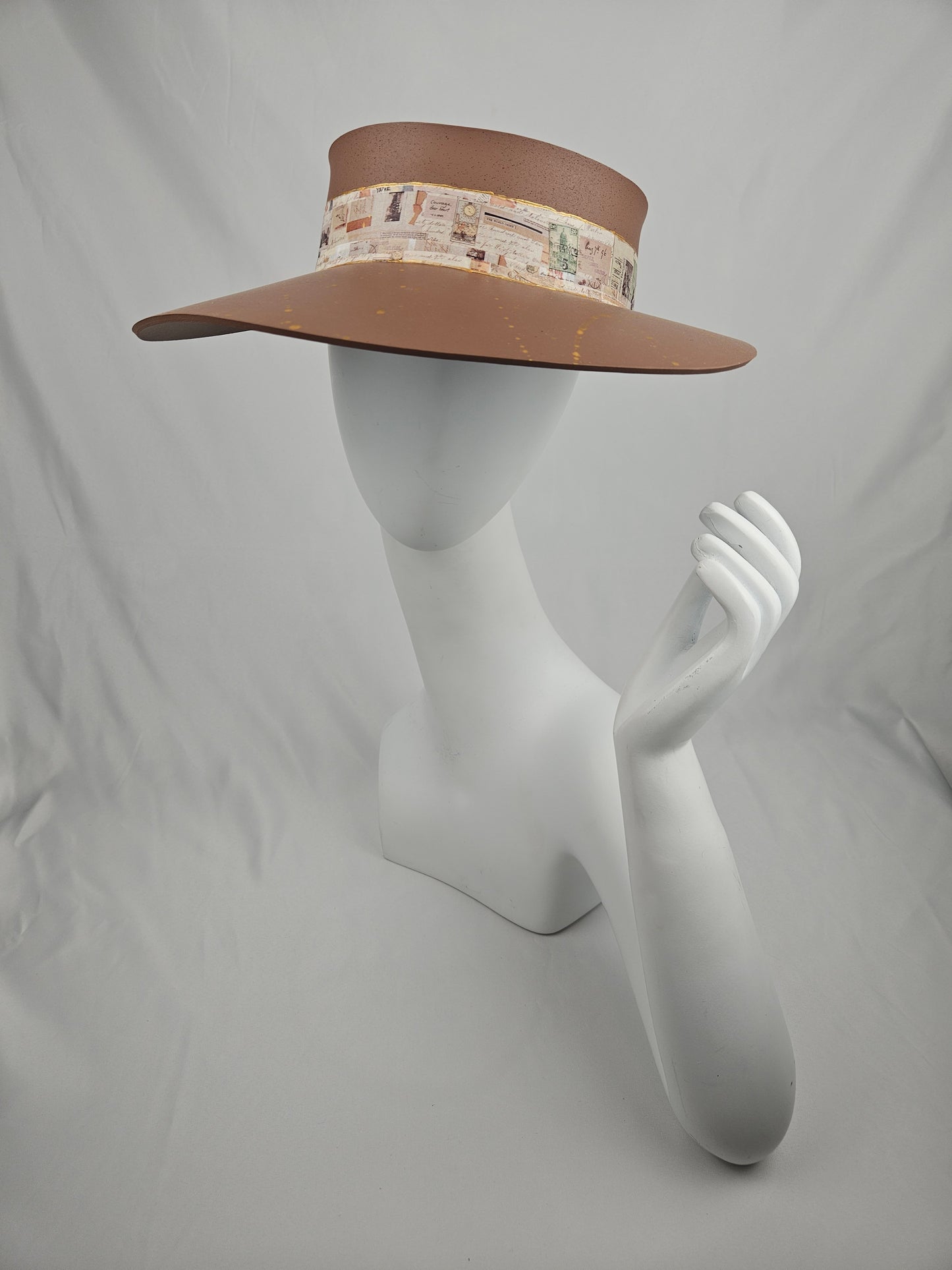 Brown "LadyEVA" Visor Hat with Brown Collage Style Band and Golden Paint Splatter