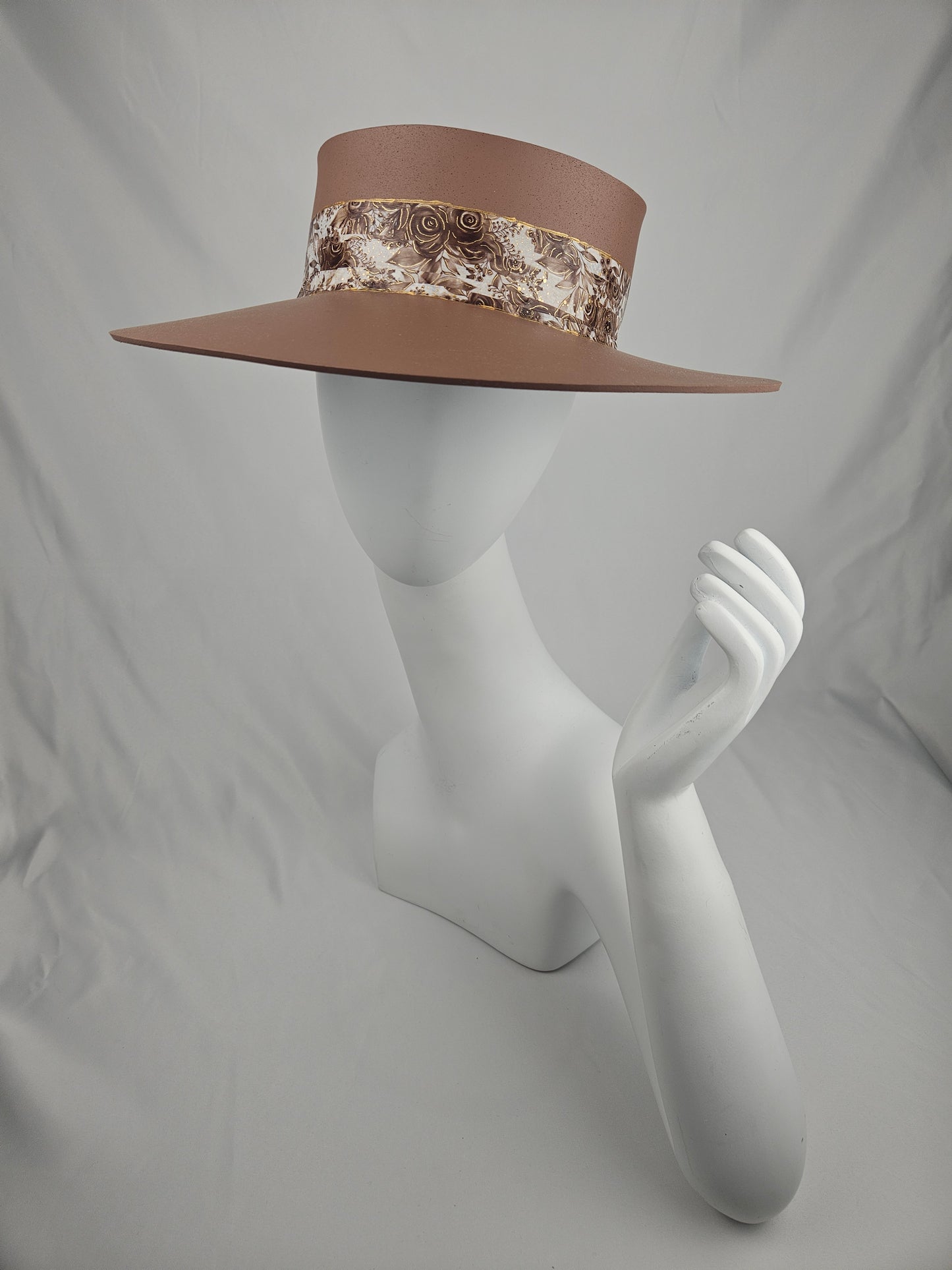 Tall Rich Brown Audrey Foam Sun Visor Hat with Beautiful Floral Band: 1950s, Walks, Brunch, Tea, Golf, Wedding, Church, No Headache, Easter, Pool, Beach