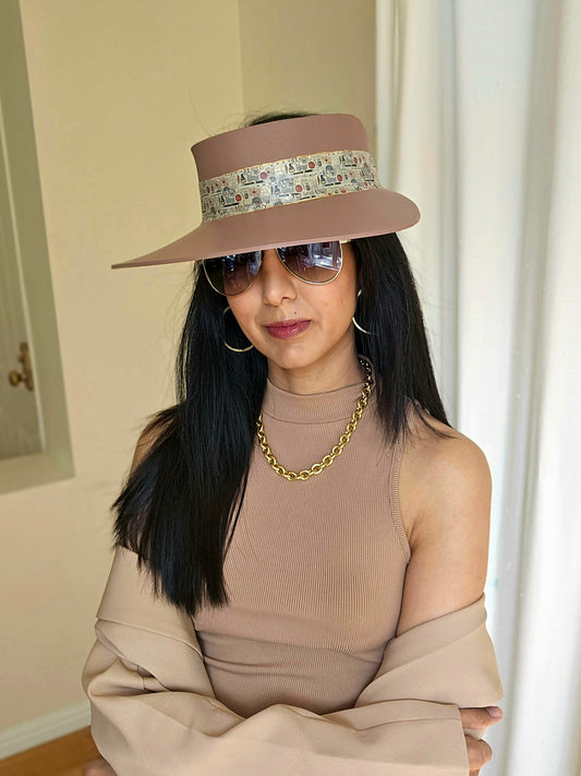 Tall Brown "LadyEVA" Visor Hat with Vintage Postage/Mail Themed Golden Band