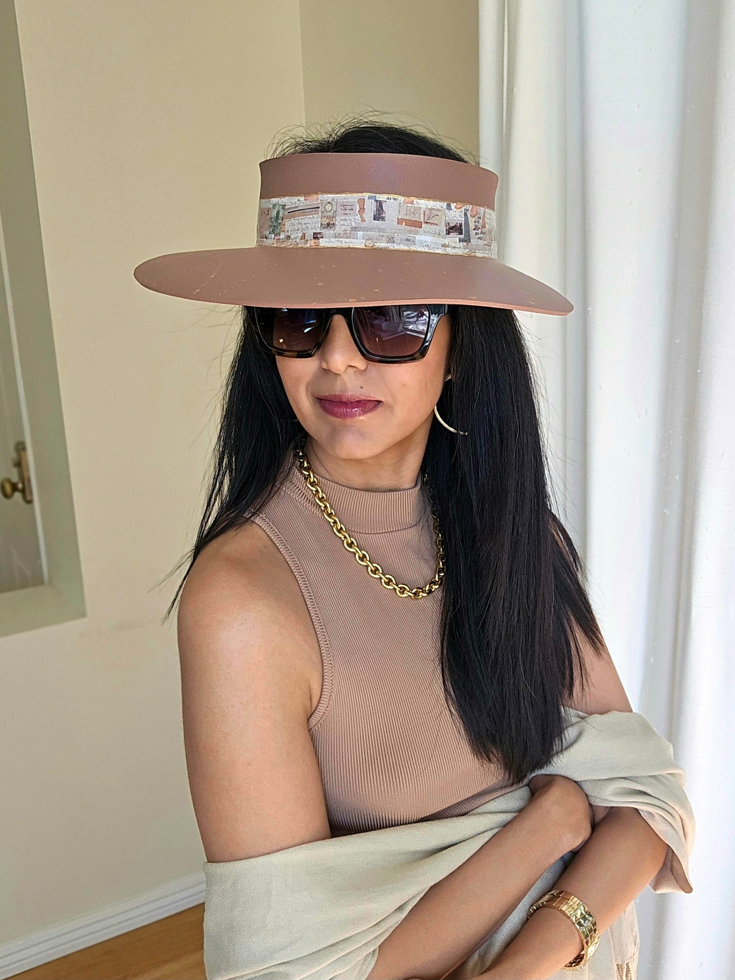 Brown "LadyEVA" Visor Hat with Brown Collage Style Band and Golden Paint Splatter