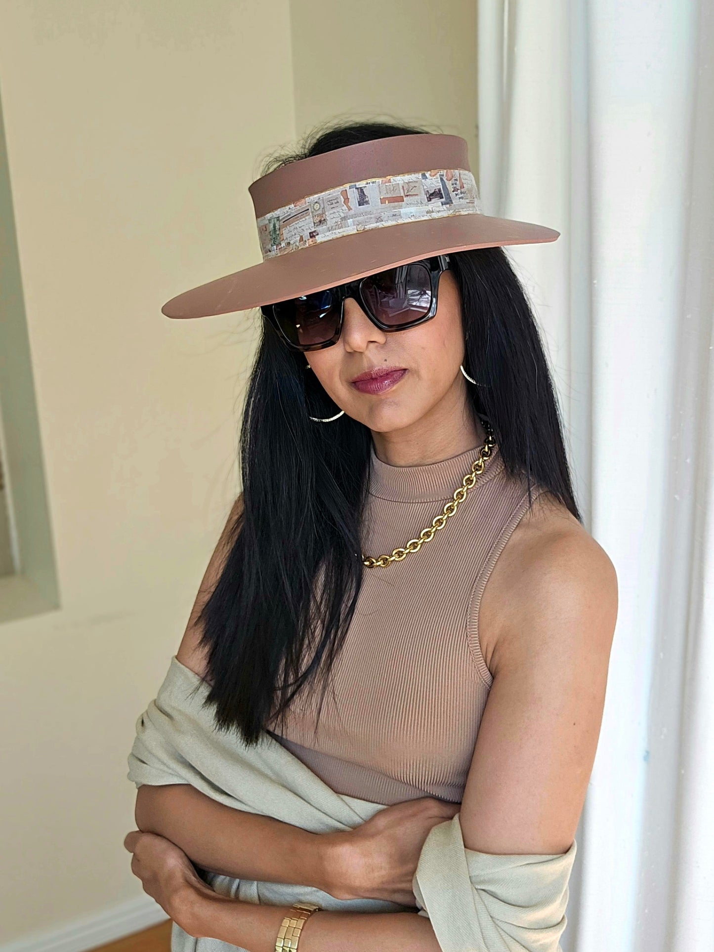 Brown "LadyEVA" Visor Hat with Brown Collage Style Band and Golden Paint Splatter