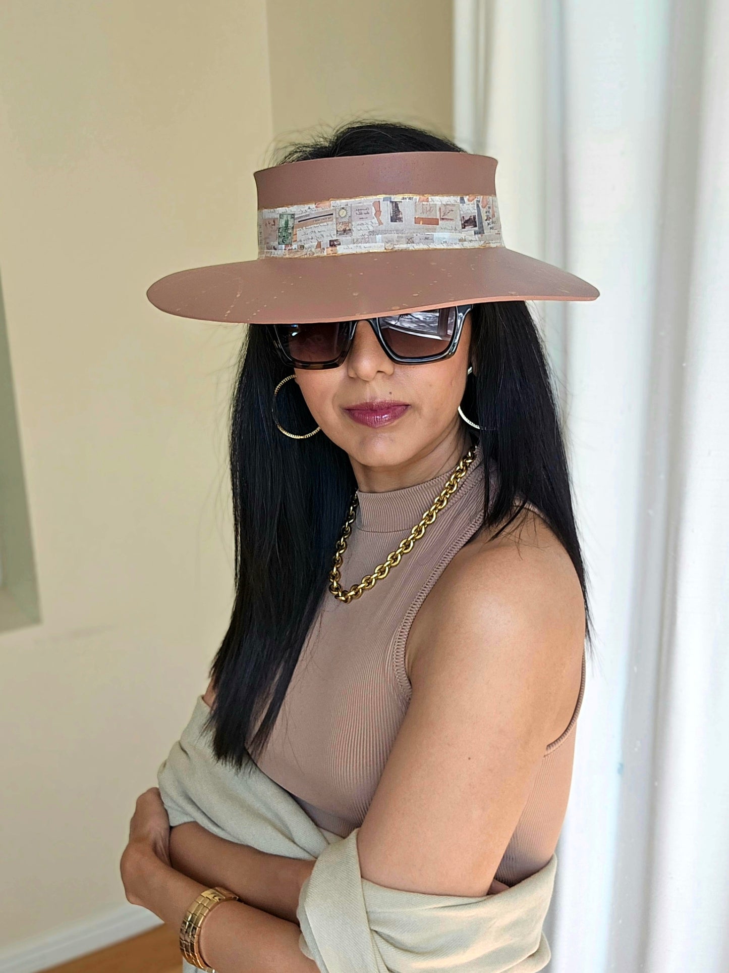 Brown "LadyEVA" Visor Hat with Brown Collage Style Band and Golden Paint Splatter