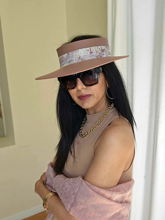 Brown "LadyEVA" Visor Hat with Vintage Style Collage Band