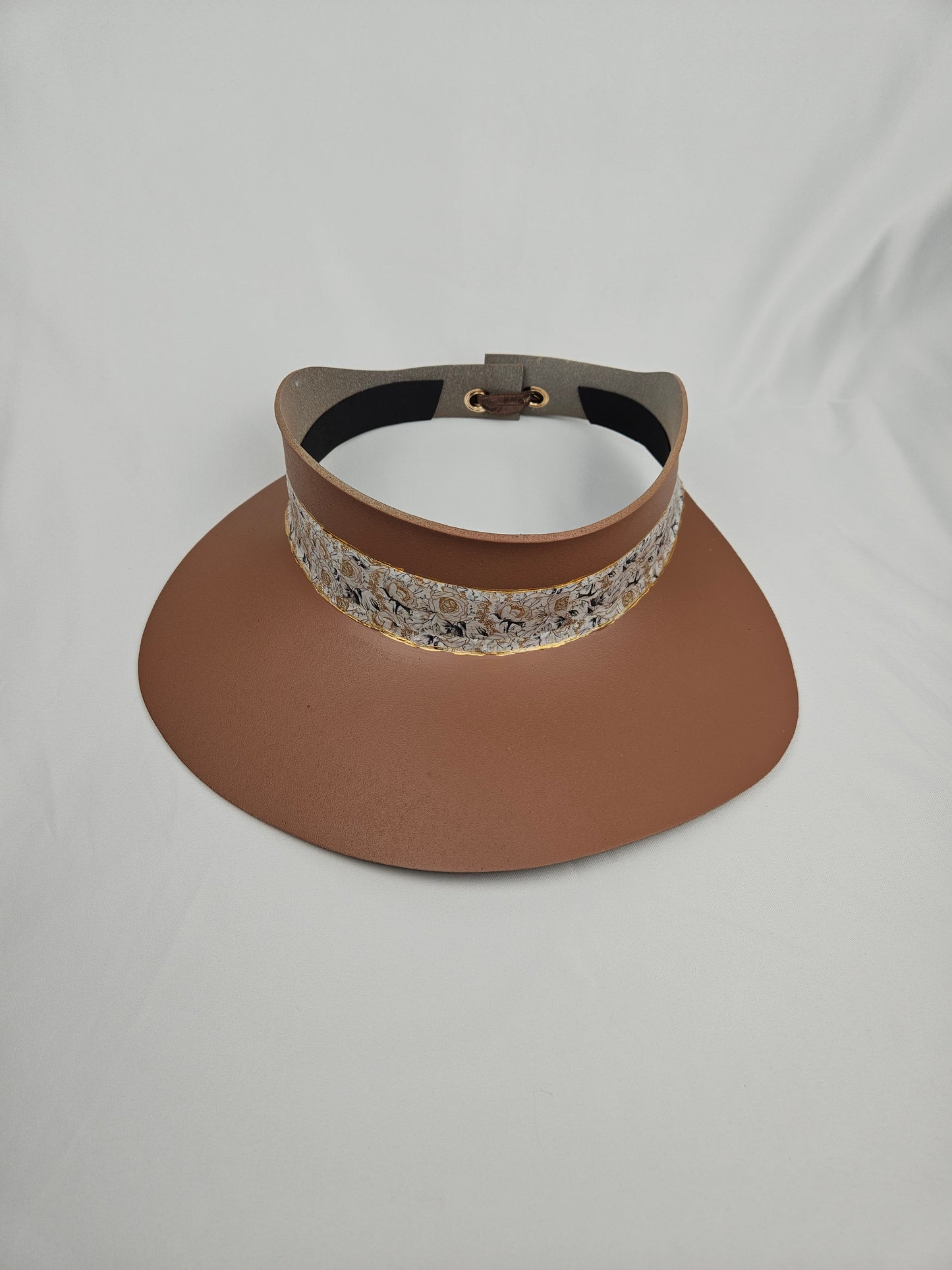 Brown "LadyEVA" Visor Hat with White and Gold Floral Band