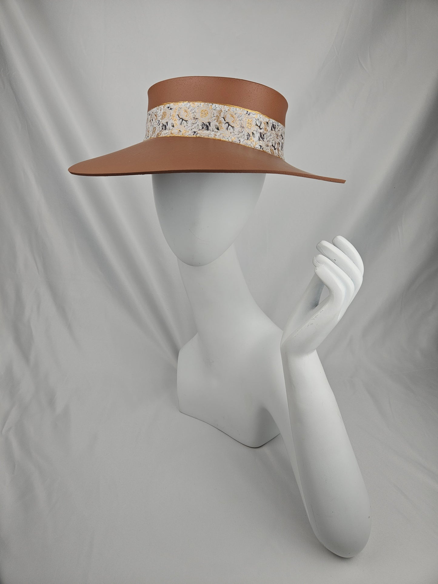 Brown "LadyEVA" Visor Hat with White and Gold Floral Band