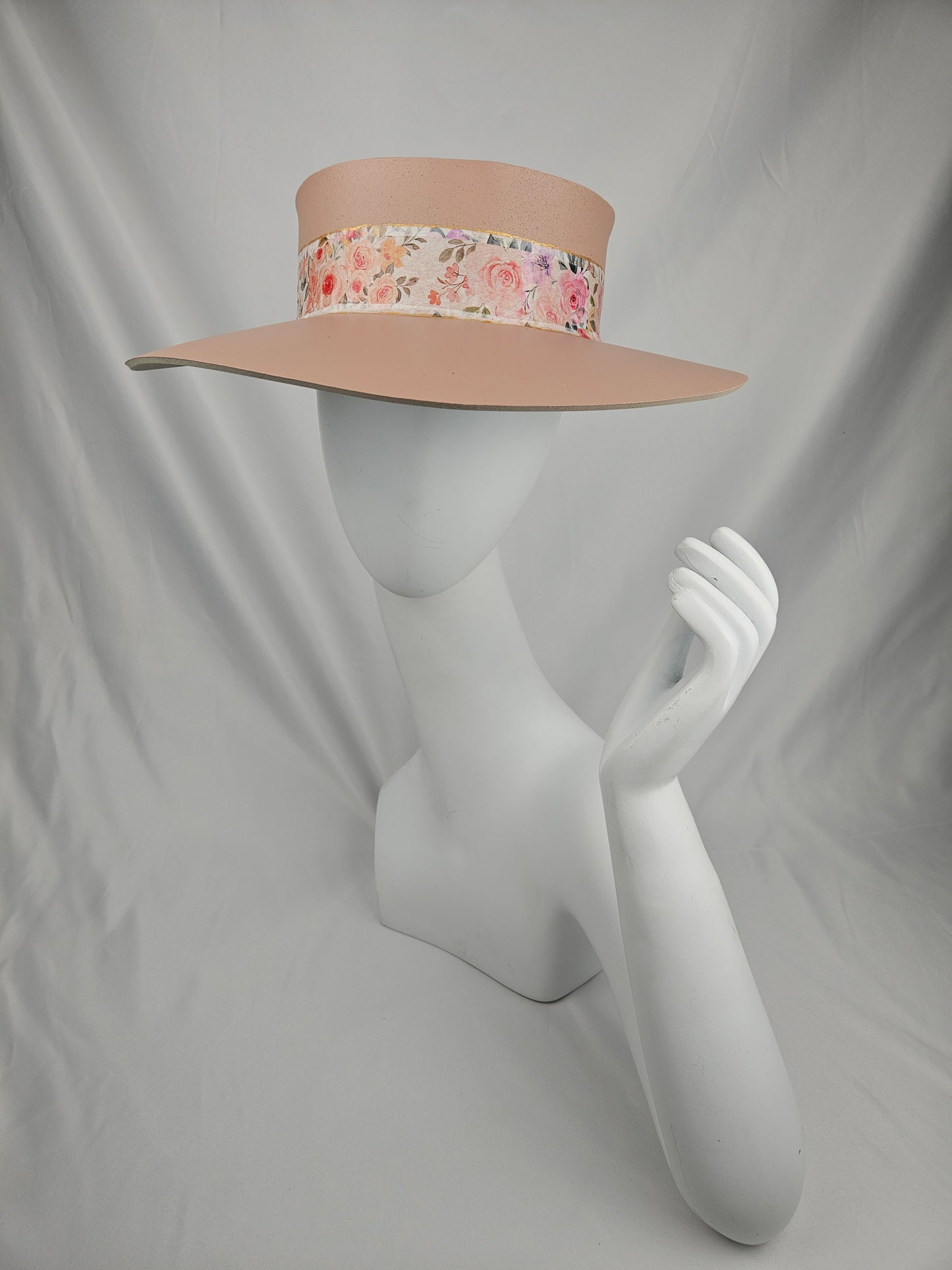 Tall Peachy Pink "LadyEVA" Visor Hat with Bright and Bold Pink Floral Band