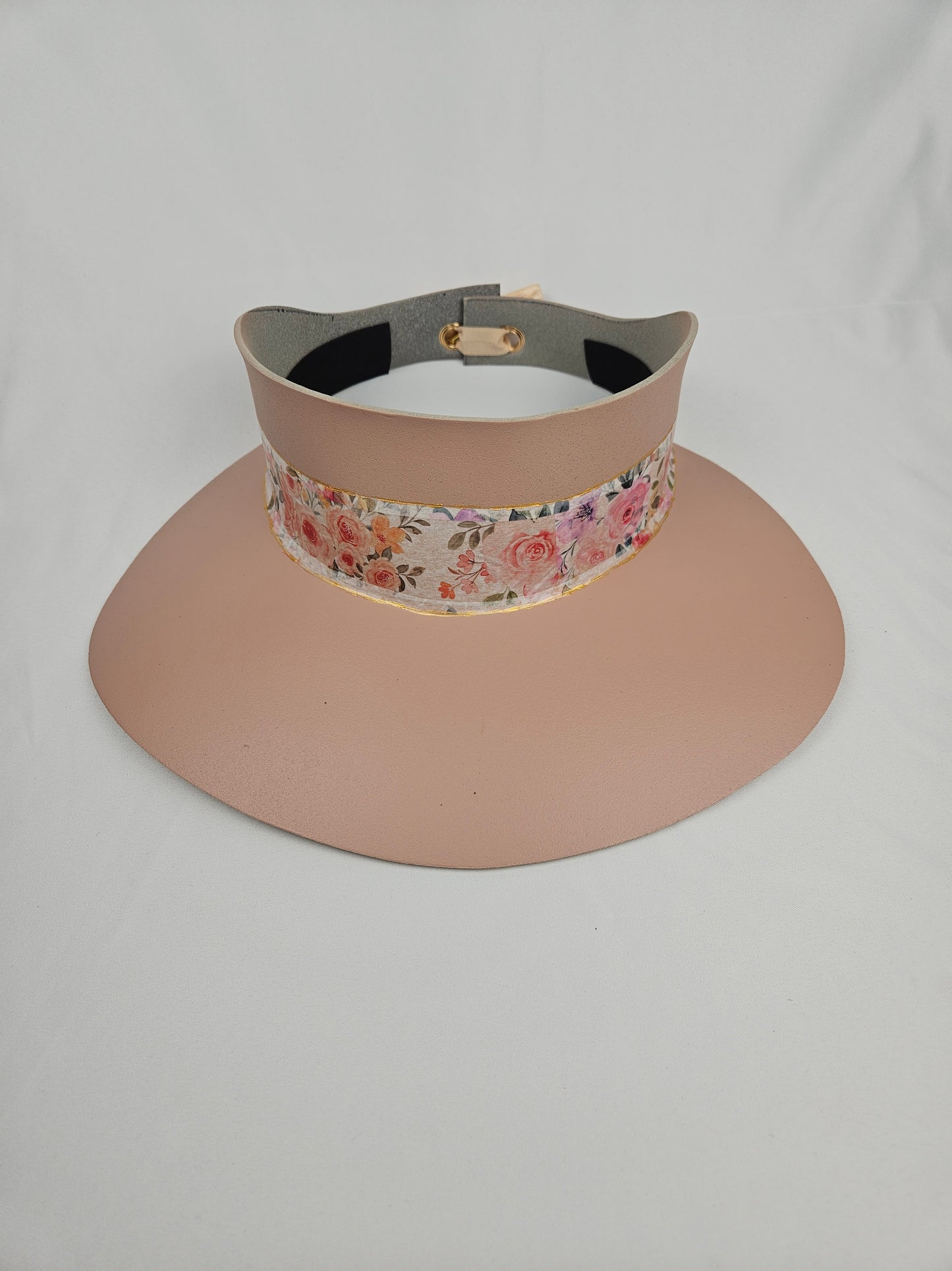 Tall Peachy Pink "LadyEVA" Visor Hat with Bright and Bold Pink Floral Band