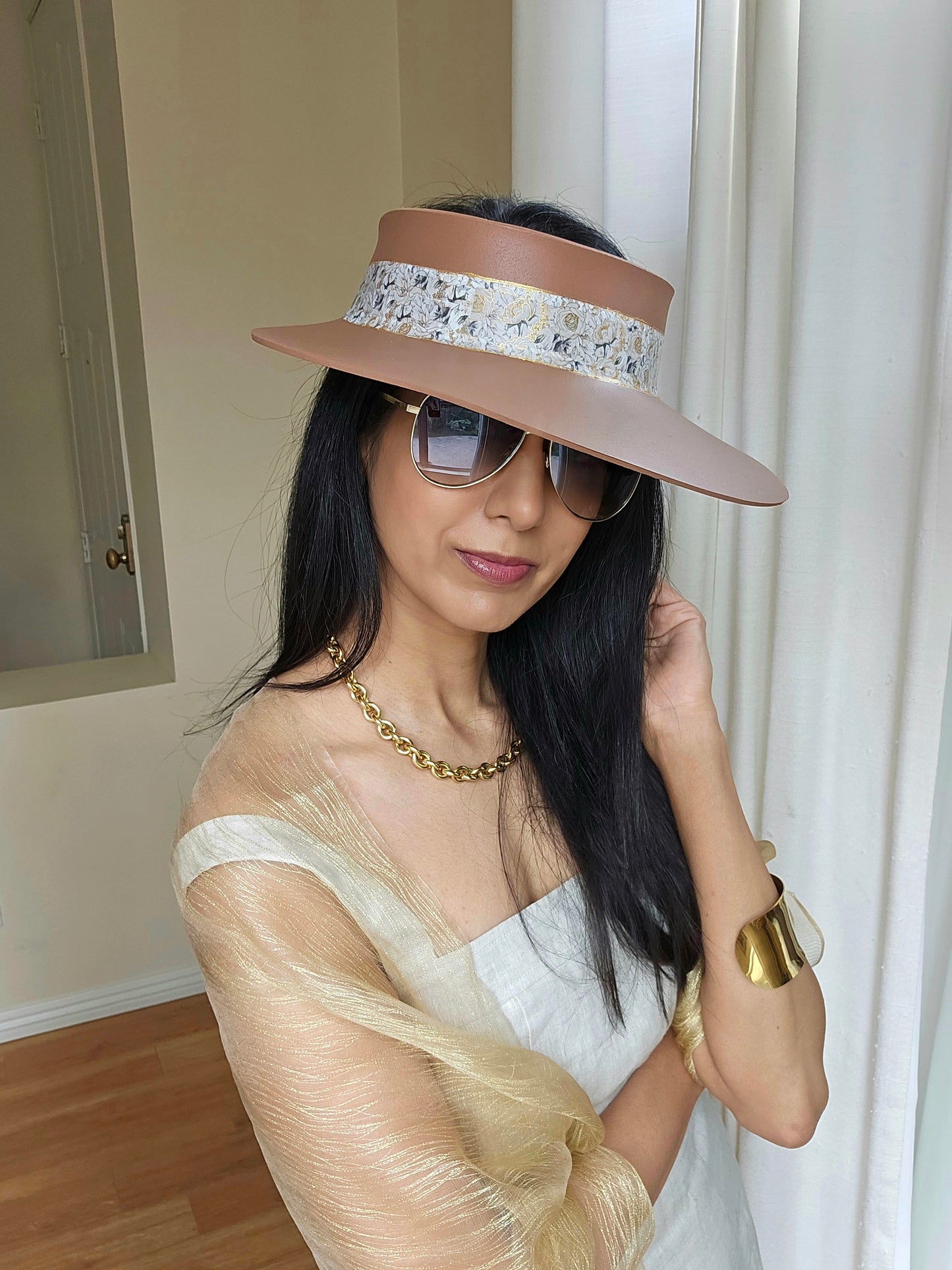 Brown "LadyEVA" Visor Hat with White and Gold Floral Band