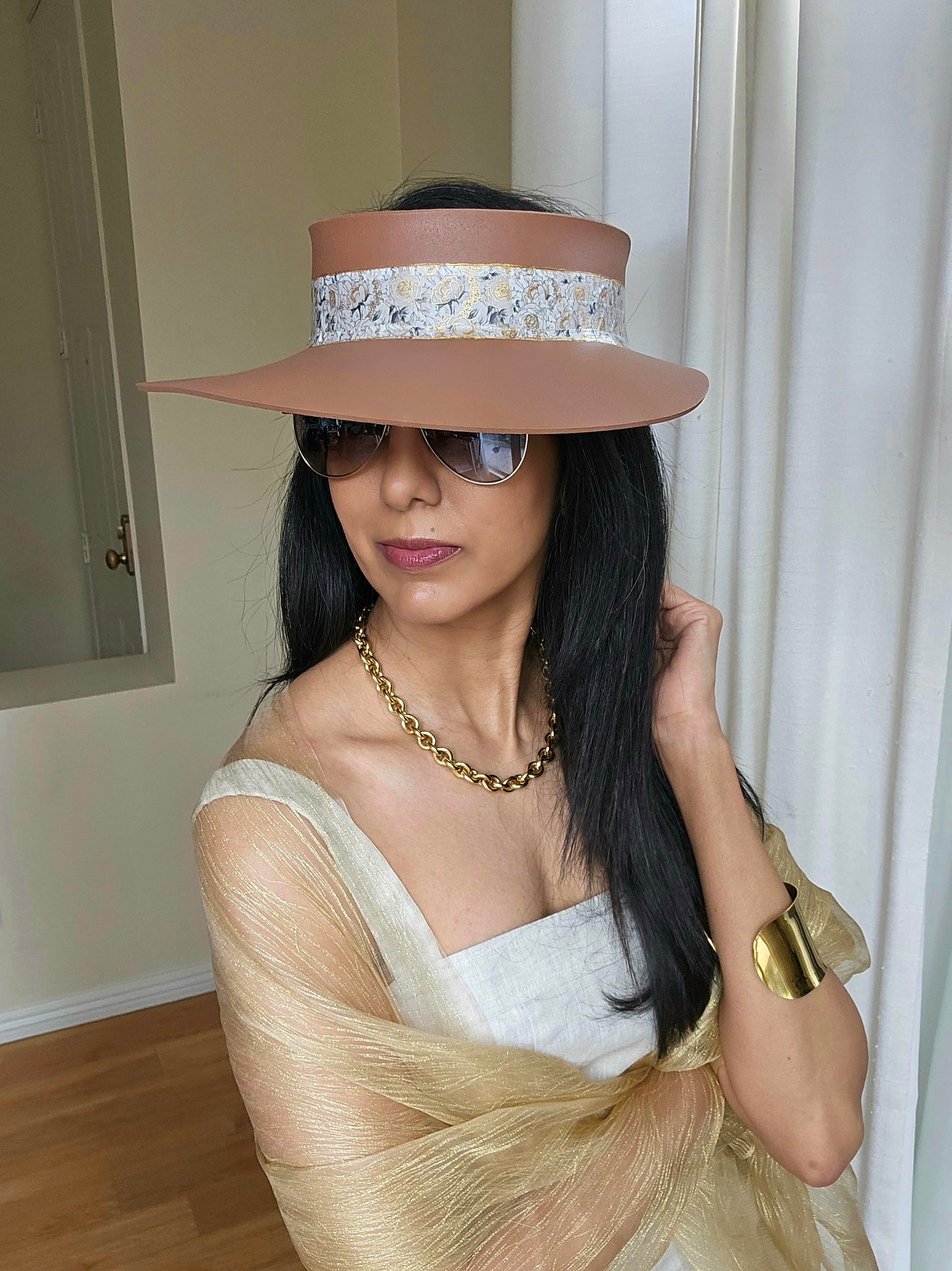 Brown "LadyEVA" Visor Hat with White and Gold Floral Band