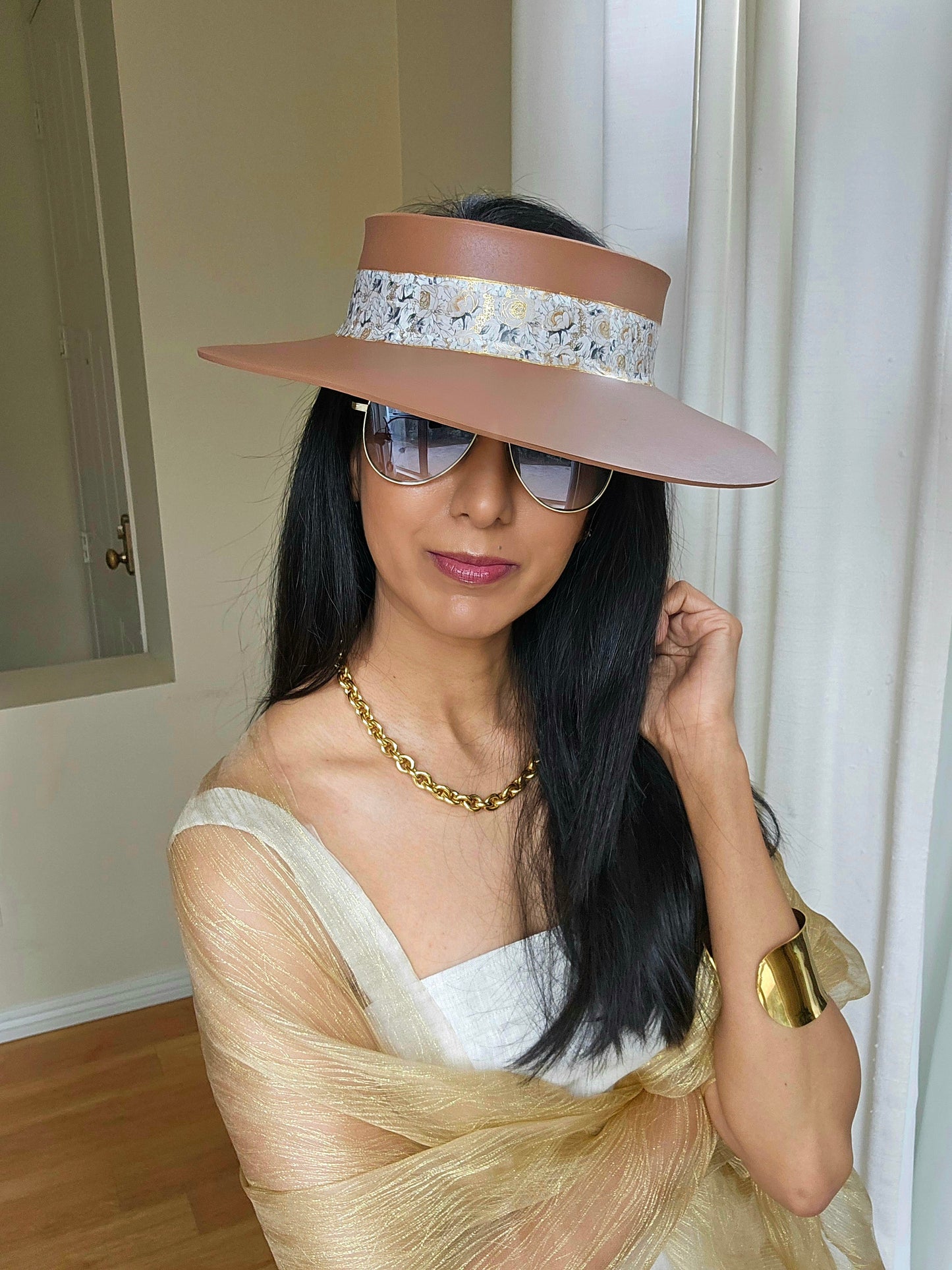 Brown "LadyEVA" Visor Hat with White and Gold Floral Band