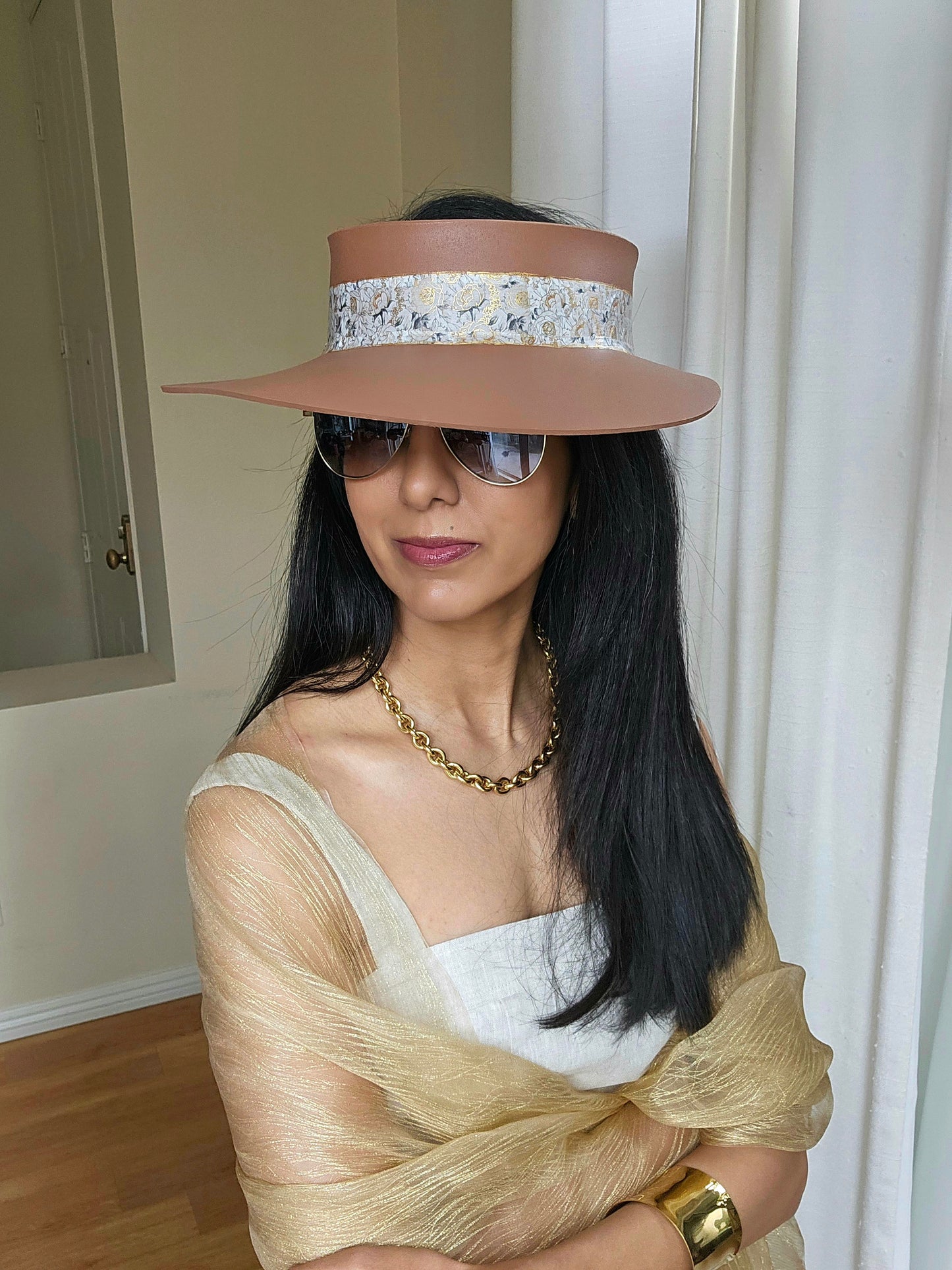 Brown "LadyEVA" Visor Hat with White and Gold Floral Band