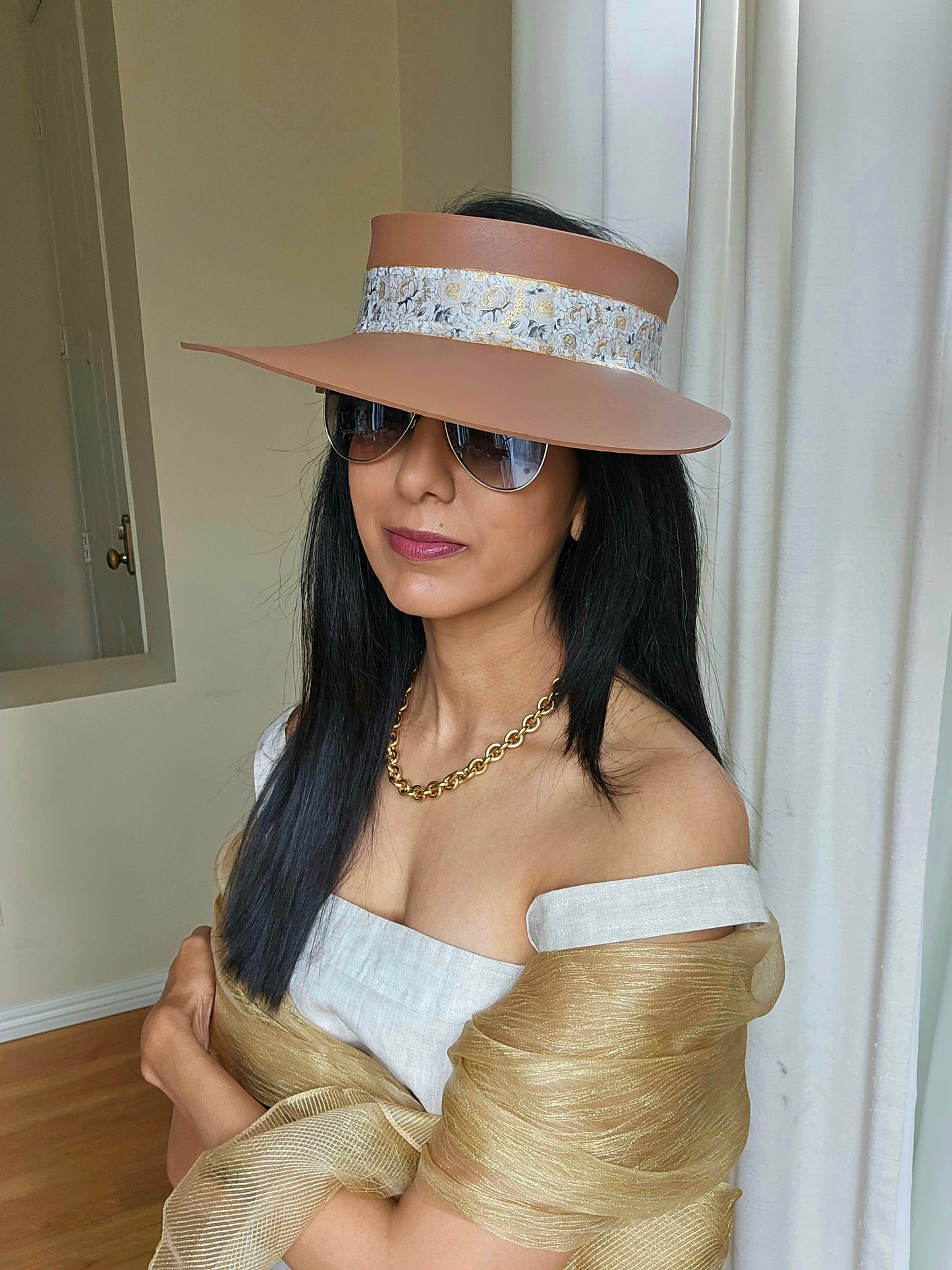 Brown "LadyEVA" Visor Hat with White and Gold Floral Band