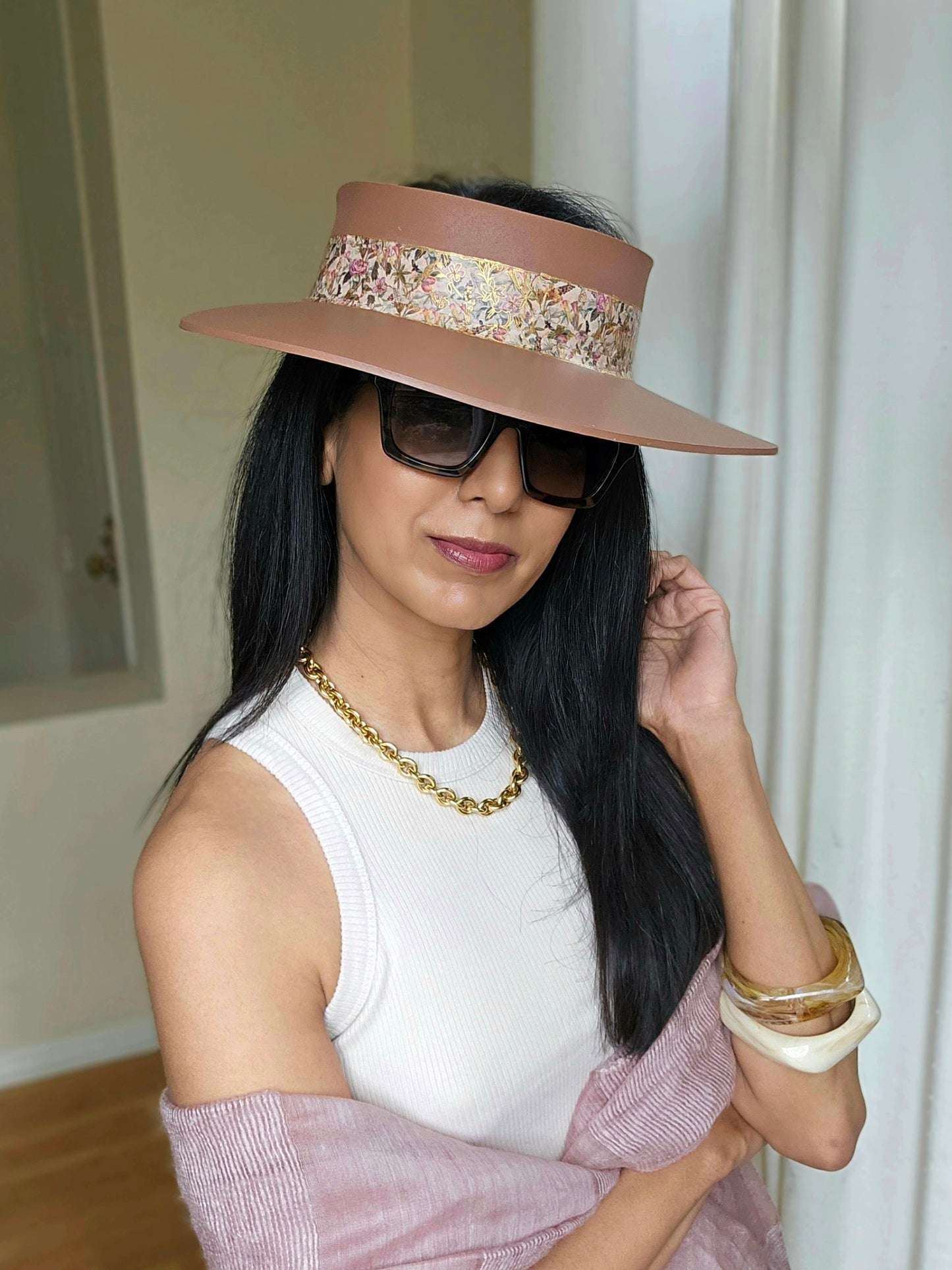 Brown "LadyEVA" Visor Hat with Pink and Gold Floral Band