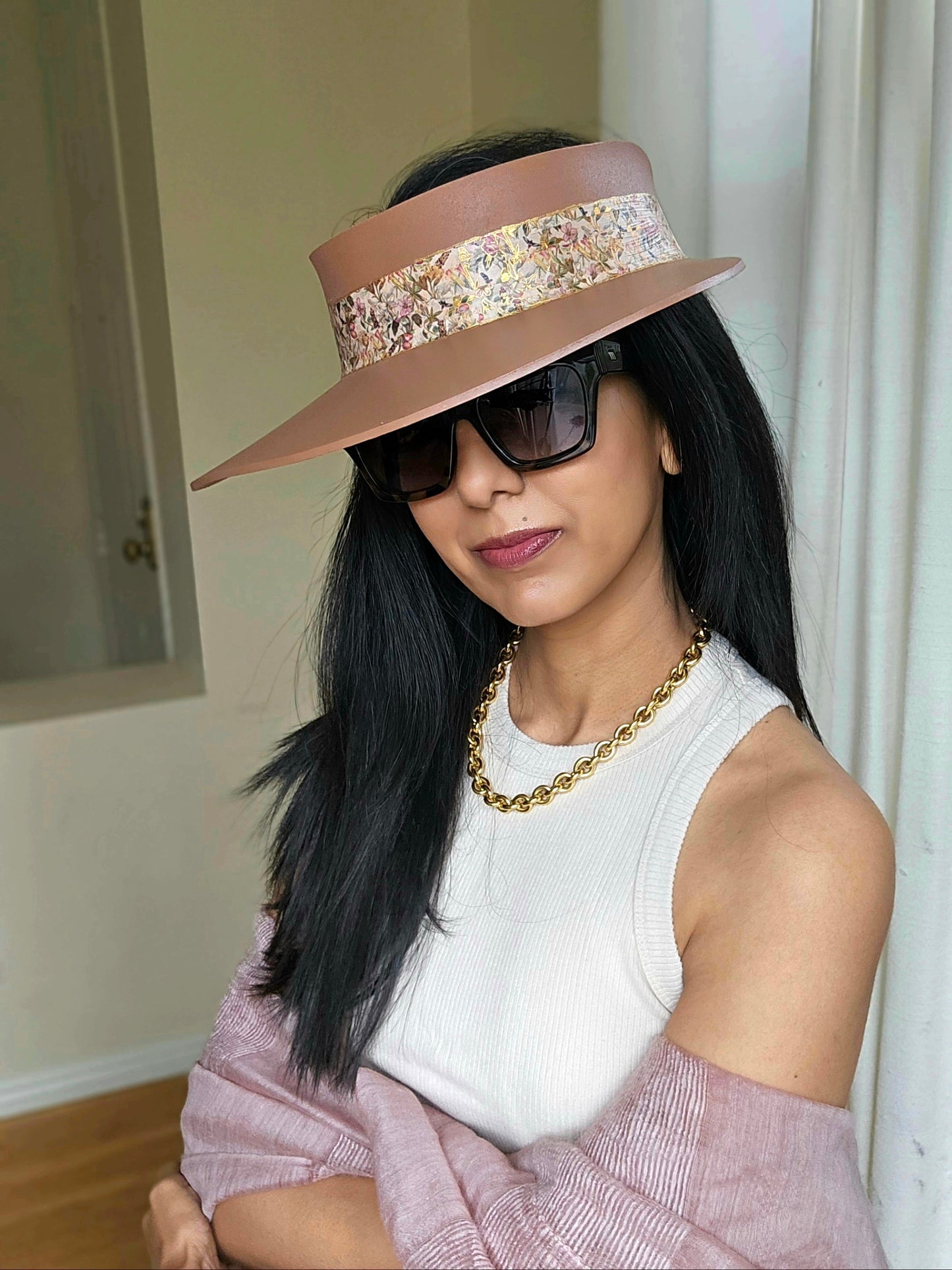 Brown "LadyEVA" Visor Hat with Pink and Gold Floral Band