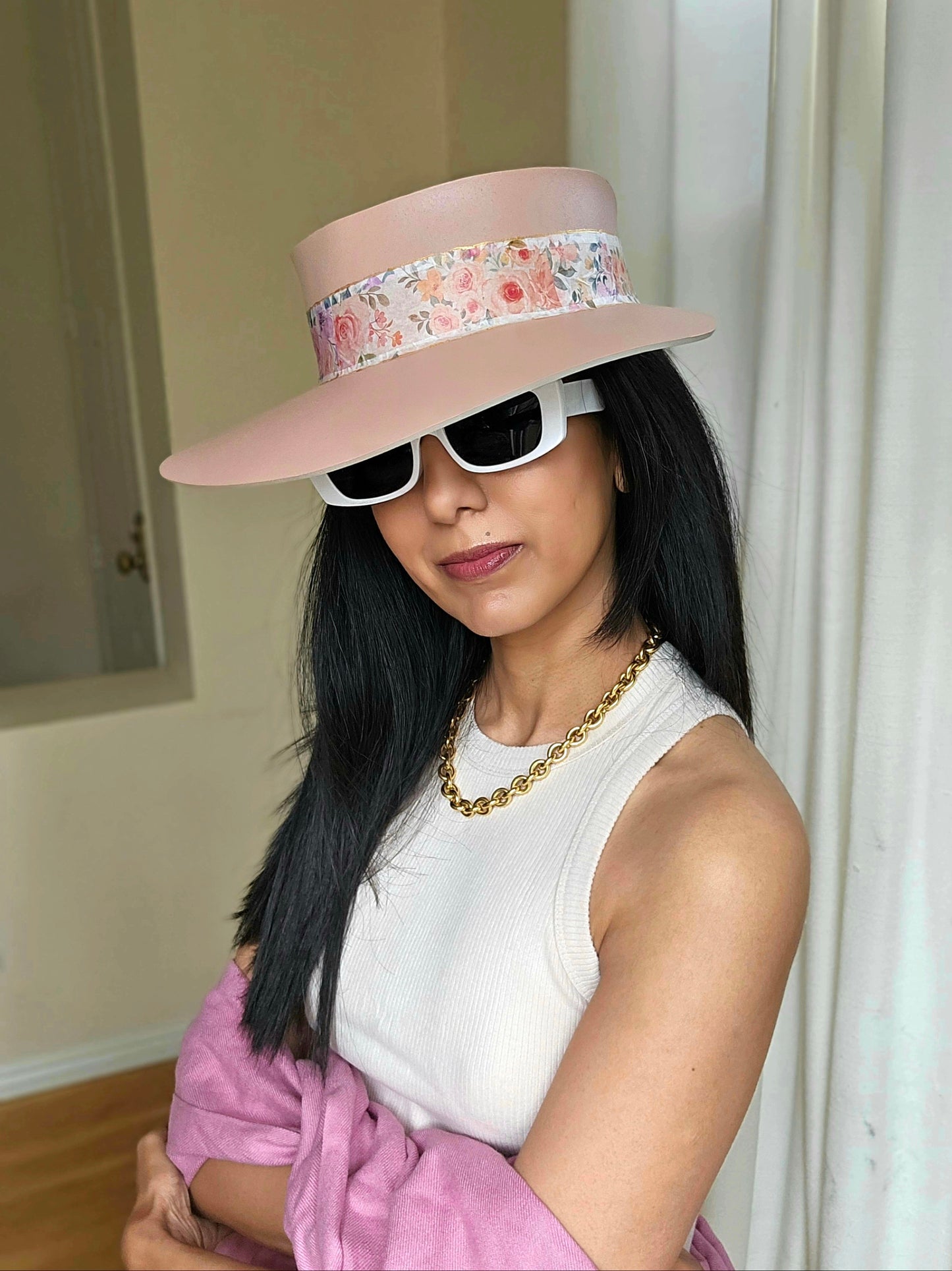 Tall Peachy Pink "LadyEVA" Visor Hat with Bright and Bold Pink Floral Band