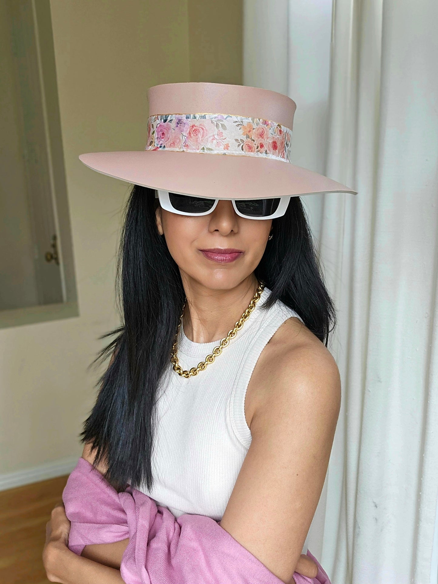 Tall Peachy Pink "LadyEVA" Visor Hat with Bright and Bold Pink Floral Band