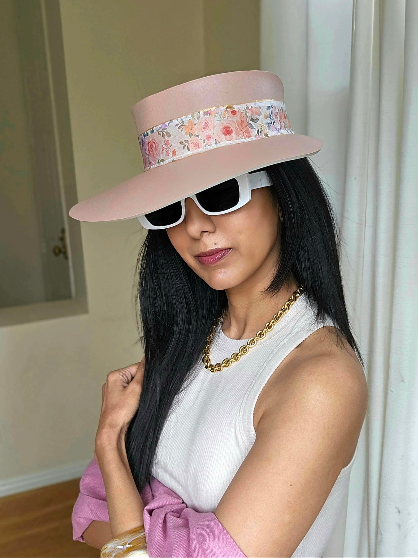 Tall Peachy Pink "LadyEVA" Visor Hat with Bright and Bold Pink Floral Band