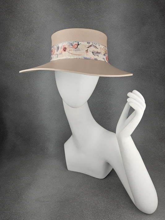 Tall Peachy Beige "LadyEVA" Visor Hat with Pink Floral Band