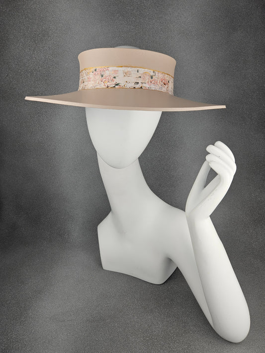 Peachy Beige "LadyEVA" Visor Hat with Vintage Style Pink Floral Band