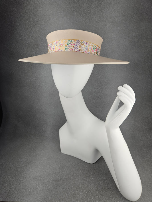 Peachy Beige "LadyEVA" Visor Hat with Bright Multicolored Floral Band