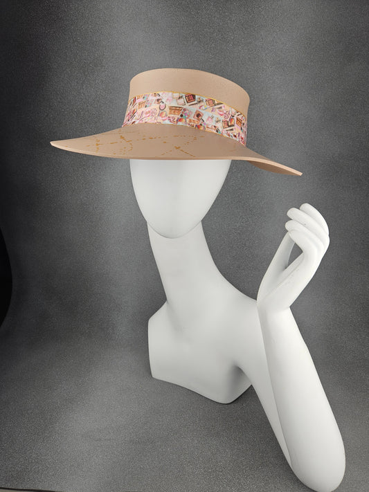 Peachy Beige "LadyEVA" Visor Hat with Cosmetic Themed Collage Band and Golden Paint Splatter Effect