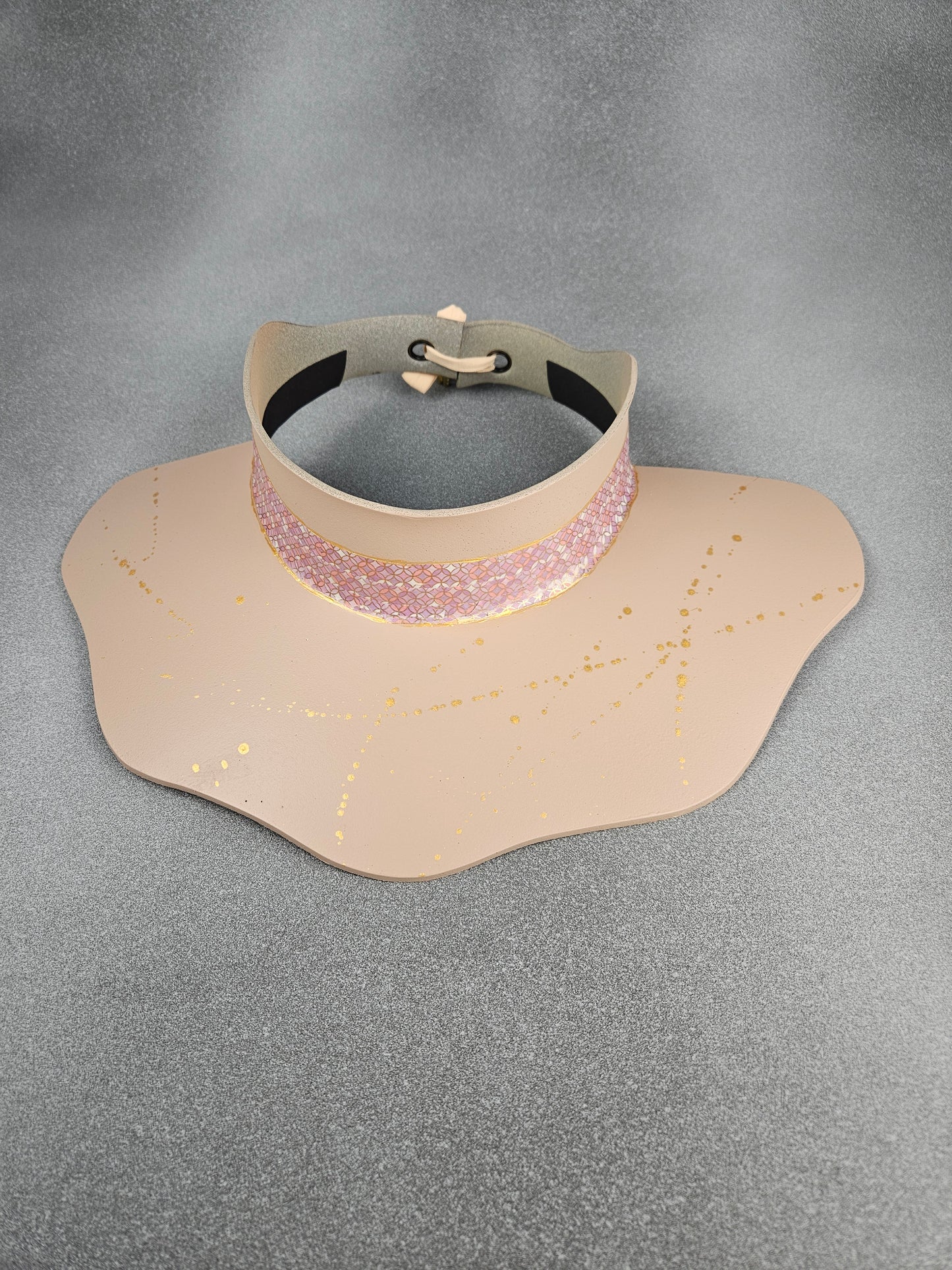 Peachy Beige Lotus Sun Visor Hat with Shimmery Light Pink Geometric Band and Gold Paint Splatter Effect