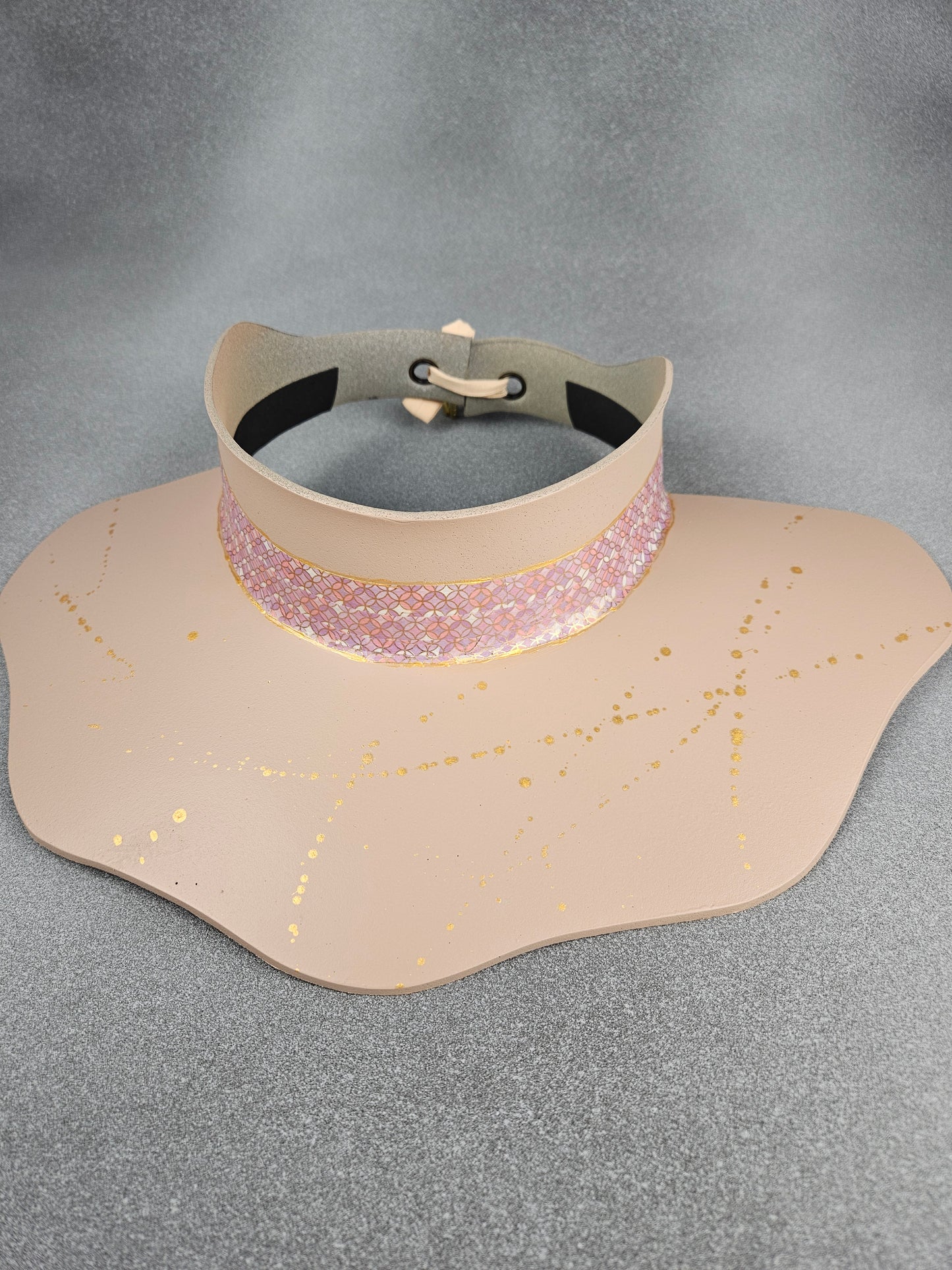 Peachy Beige Lotus Sun Visor Hat with Shimmery Light Pink Geometric Band and Gold Paint Splatter Effect