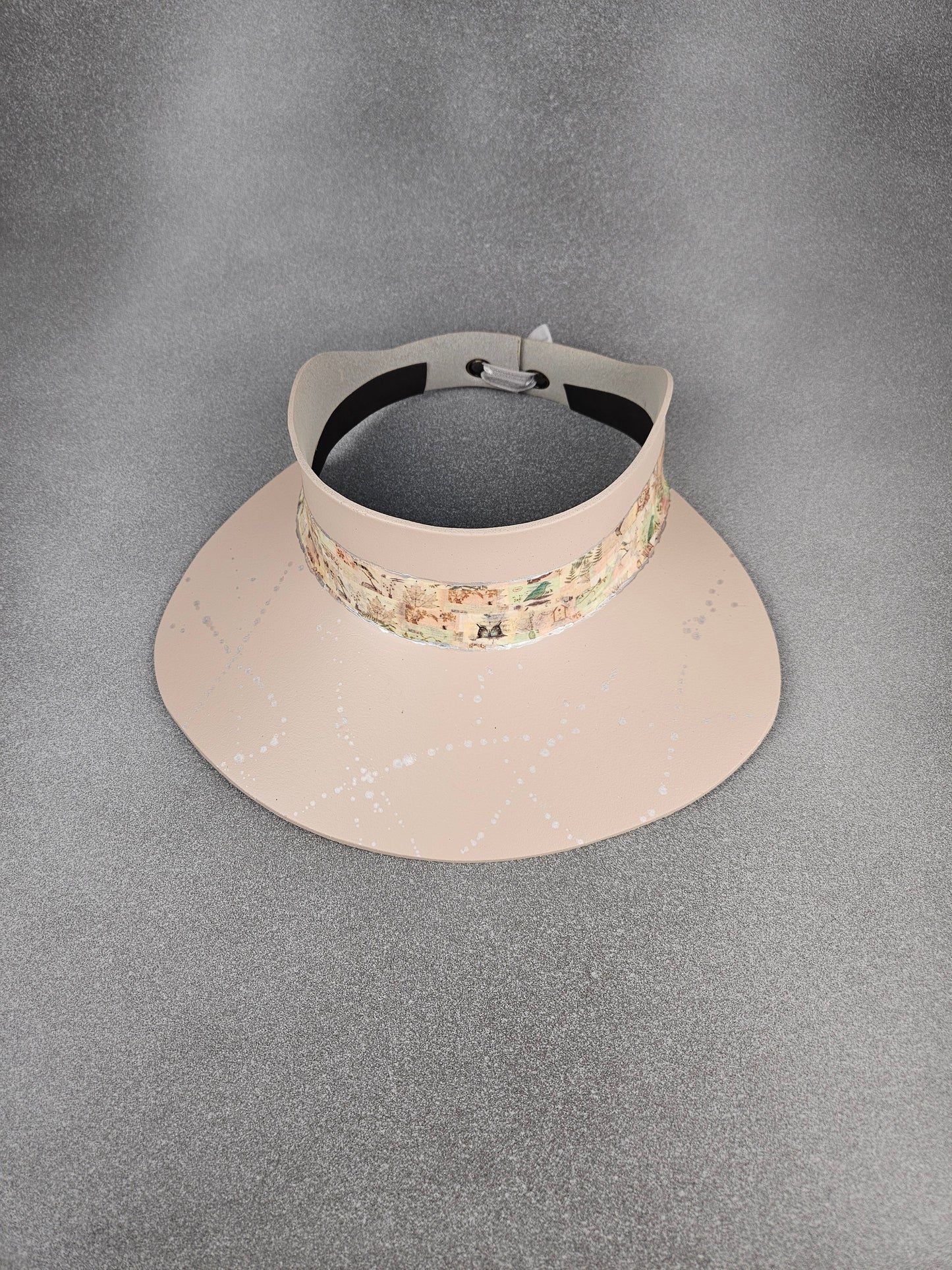 Peachy Beige "LadyEVA" Visor Hat with Botanical Collage Band and Silver Paint Splatter Effect