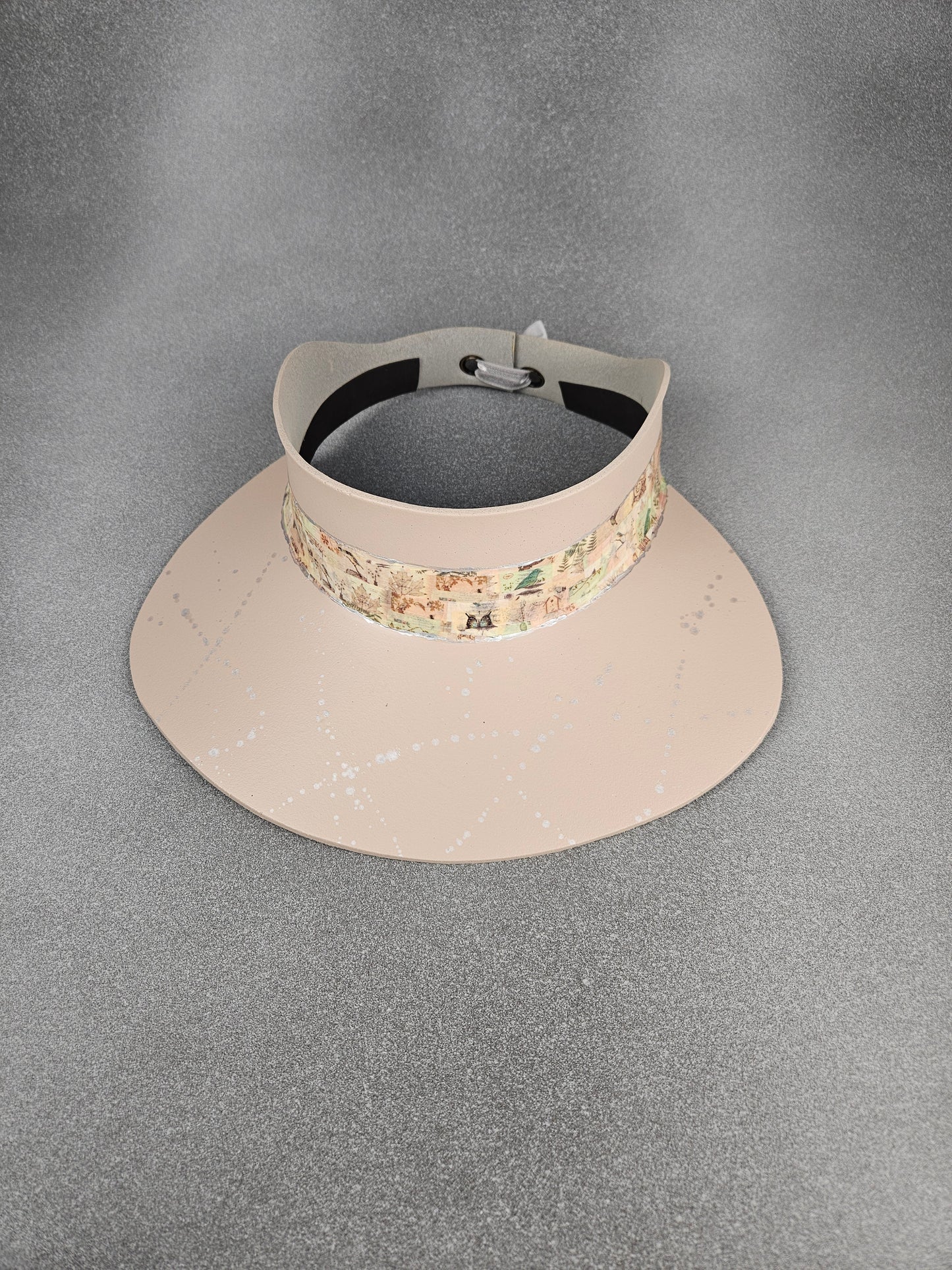 Peachy Beige "LadyEVA" Visor Hat with Botanical Collage Band and Silver Paint Splatter Effect