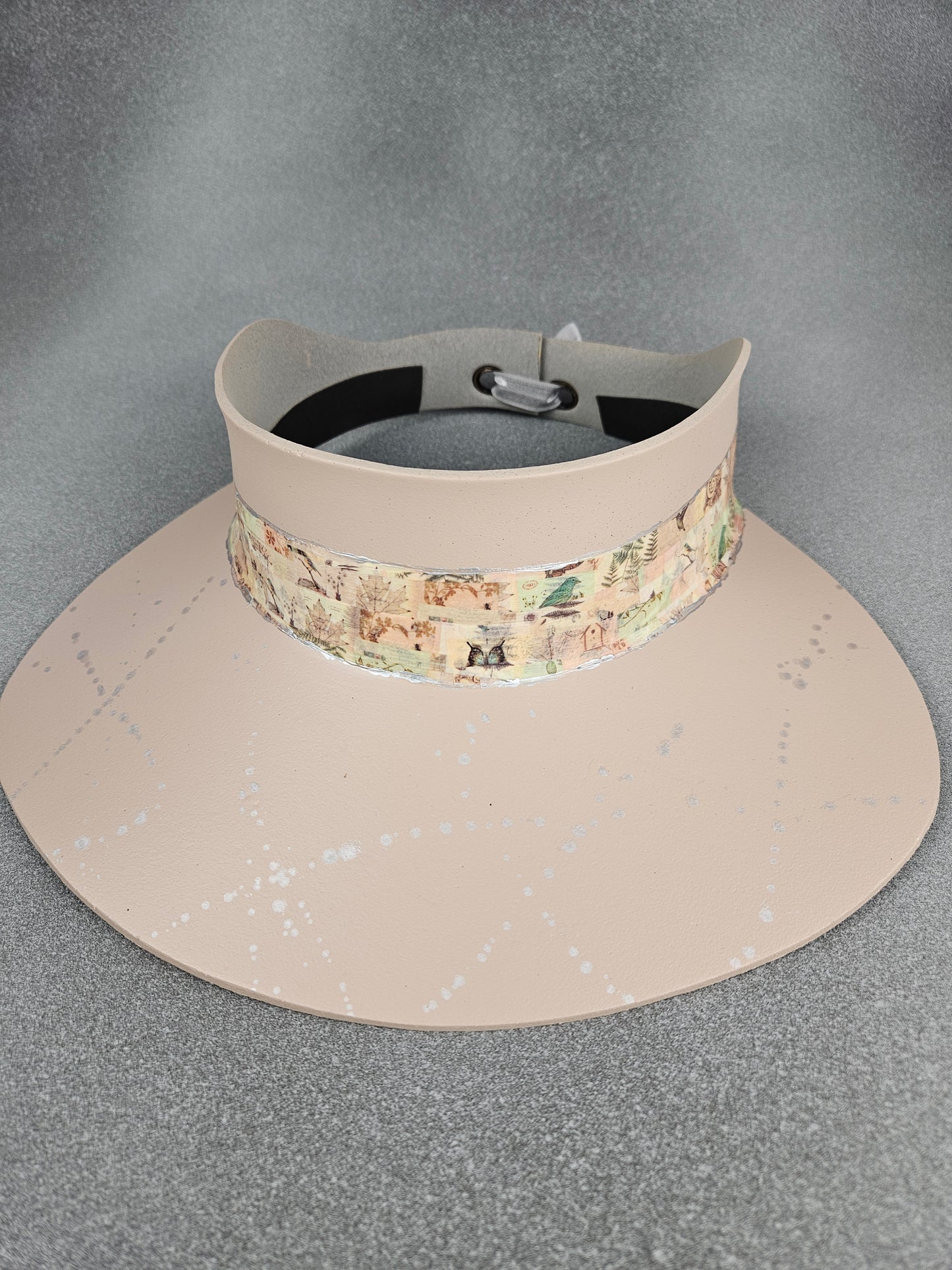 Peachy Beige "LadyEVA" Visor Hat with Botanical Collage Band and Silver Paint Splatter Effect