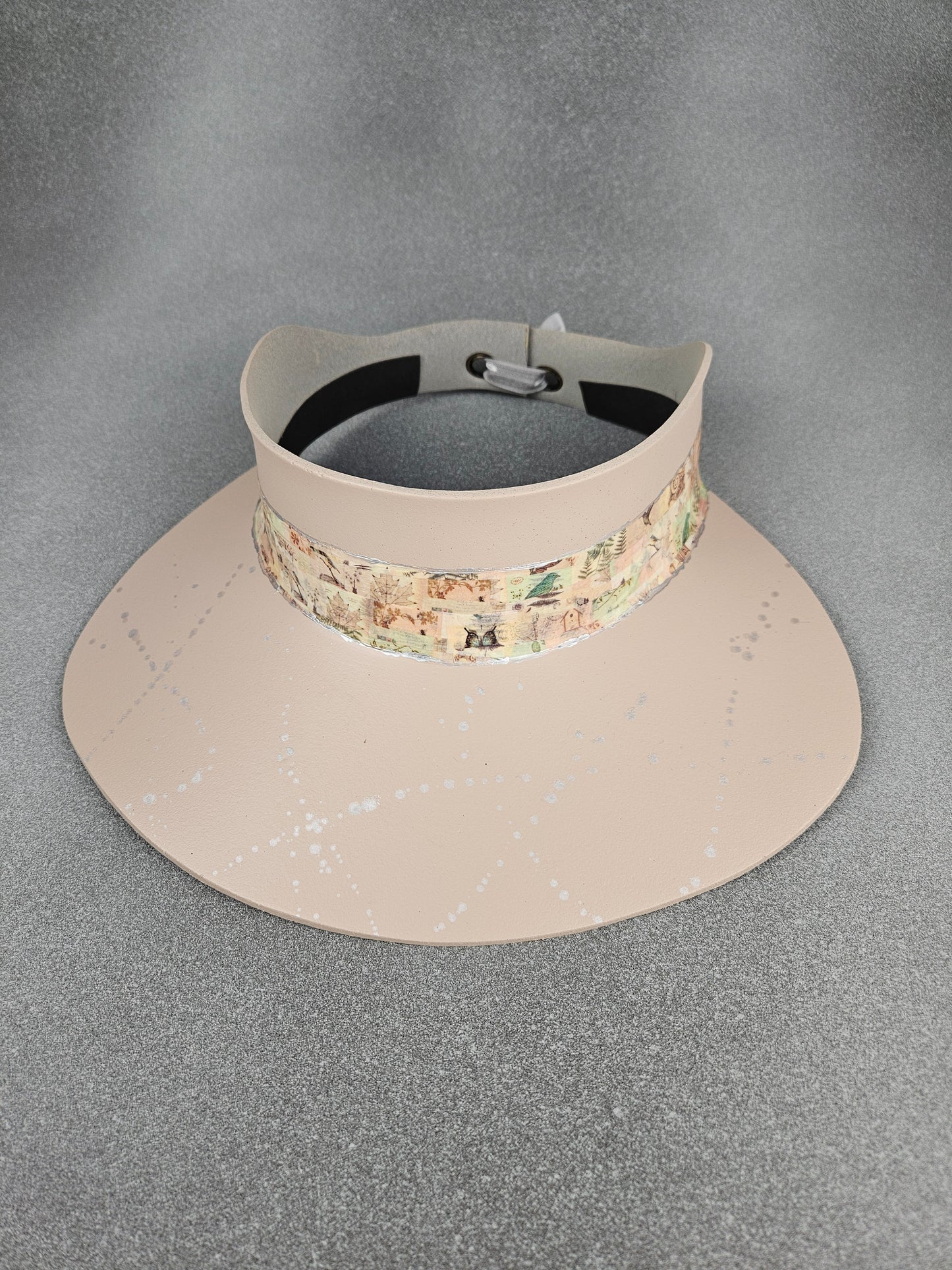 Peachy Beige "LadyEVA" Visor Hat with Botanical Collage Band and Silver Paint Splatter Effect