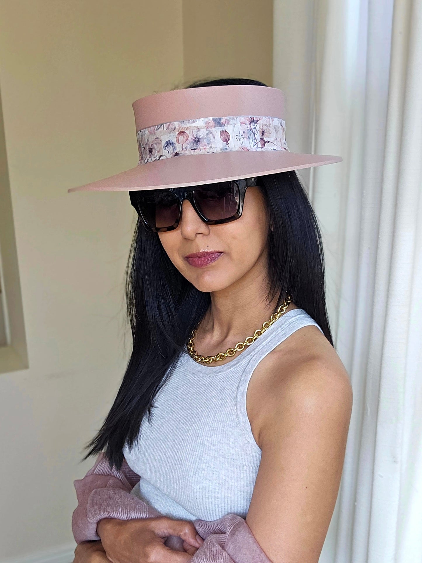 Peachy Pink "LadyEVA" Visor Hat with Bold Floral Band