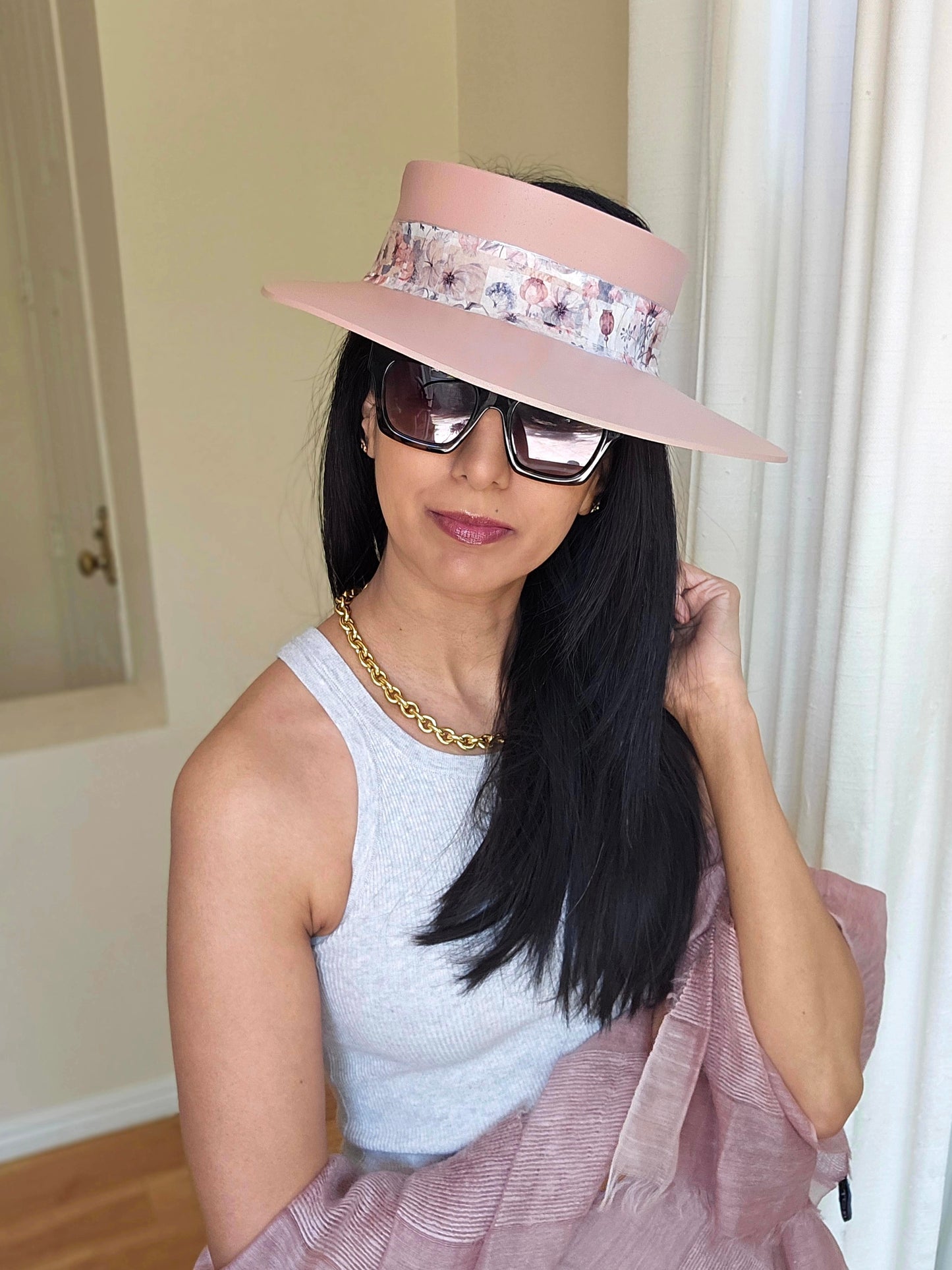 Peachy Pink "LadyEVA" Visor Hat with Bold Floral Band