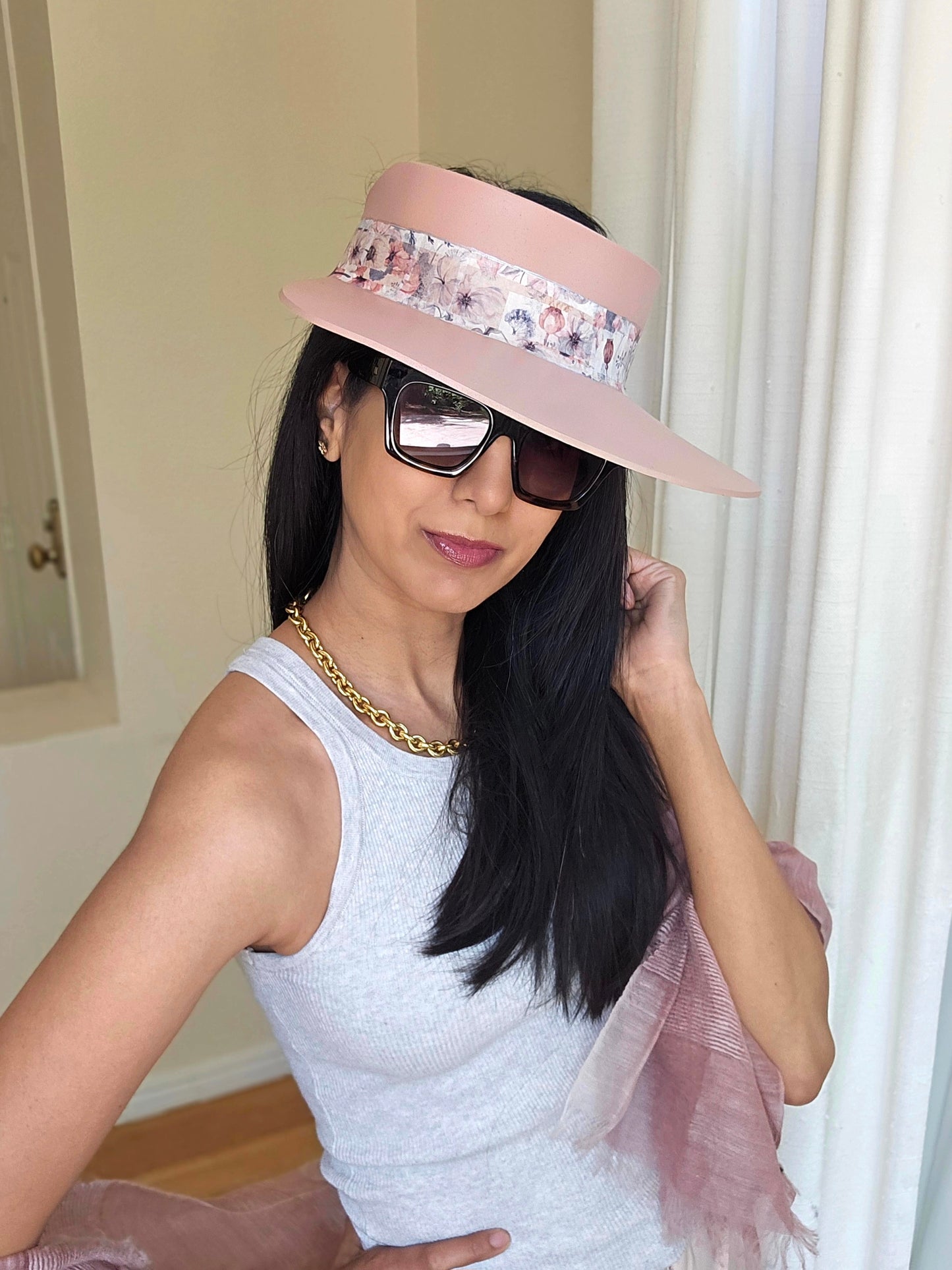 Peachy Pink "LadyEVA" Visor Hat with Bold Floral Band