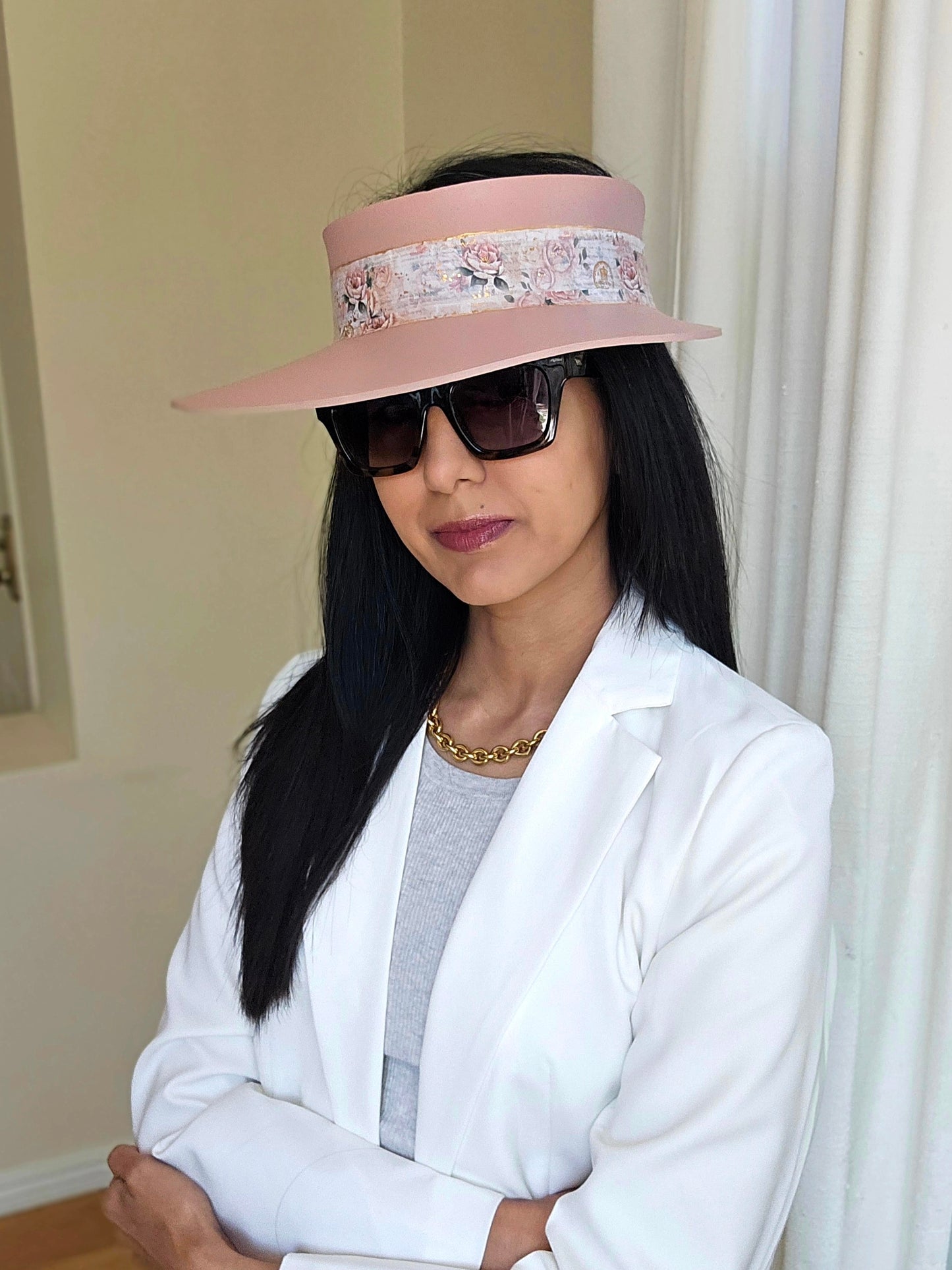 Peachy Pink "LadyEVA" Visor Hat with Vintage Style Floral Band