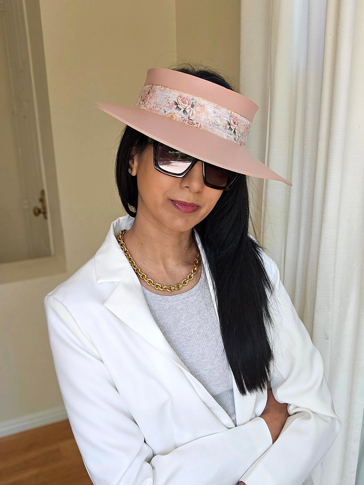 Peachy Pink "LadyEVA" Visor Hat with Vintage Style Floral Band