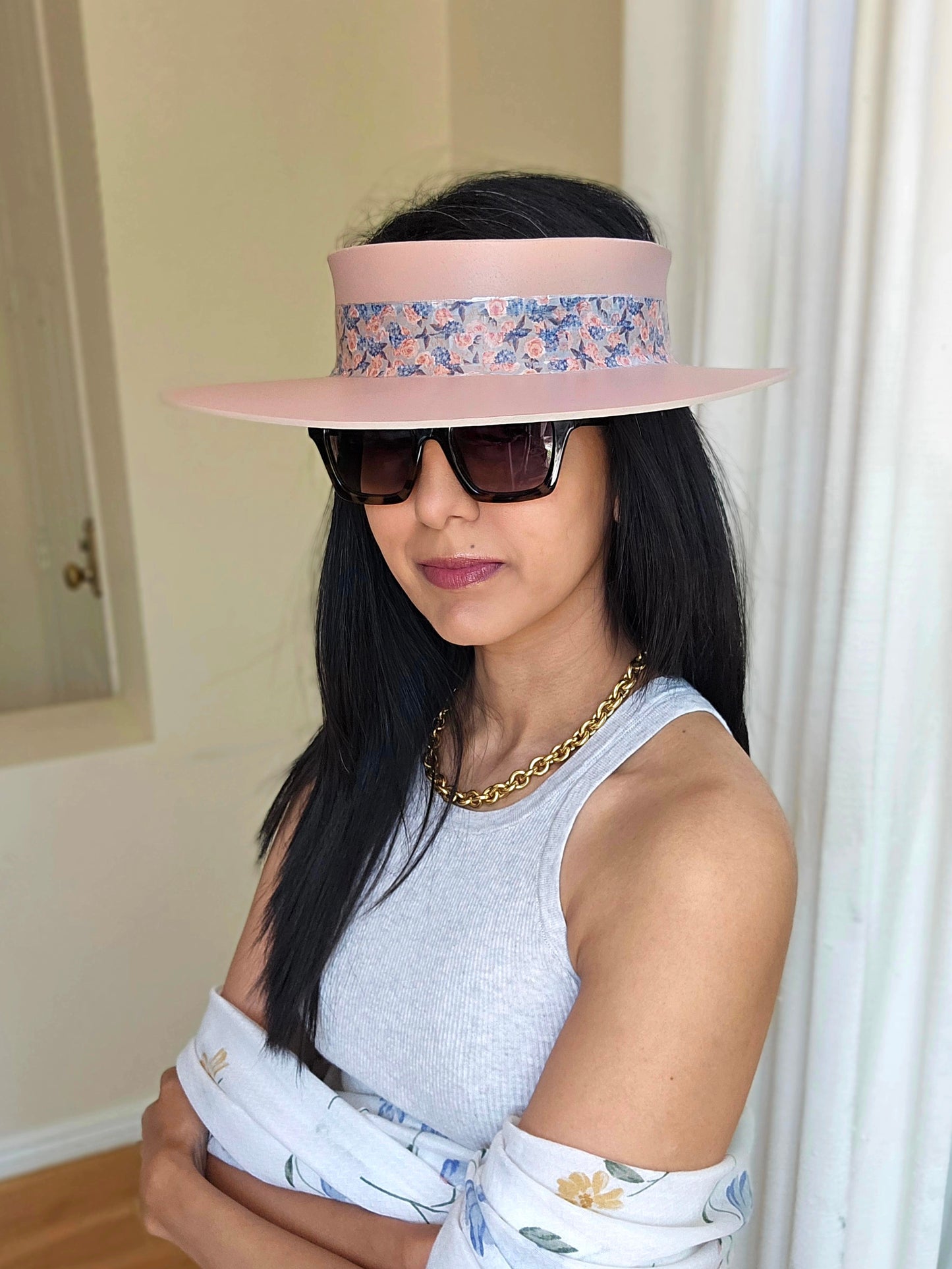 Peachy Pink "LadyEVA" Visor Hat with Floral Band