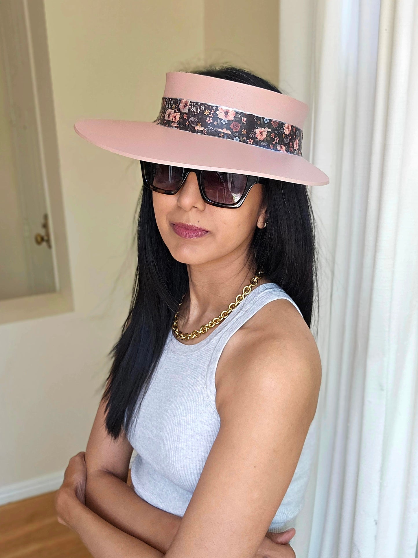 Peachy Pink "LadyEVA" Visor Hat with Elegant Dark Floral Band