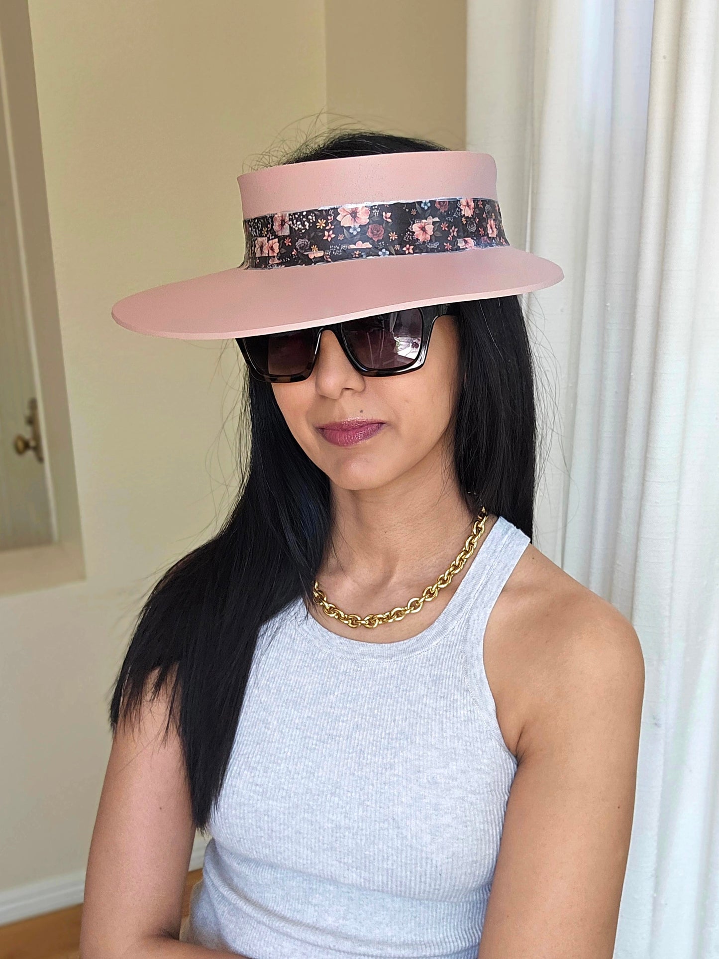 Peachy Pink "LadyEVA" Visor Hat with Elegant Dark Floral Band