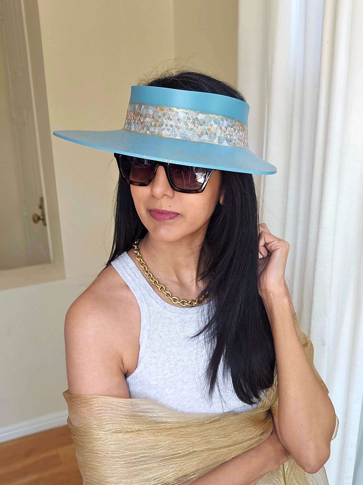 Teal Blue "LadyEVA" Visor Hat with Geometric Band and Gold Splatter Effect