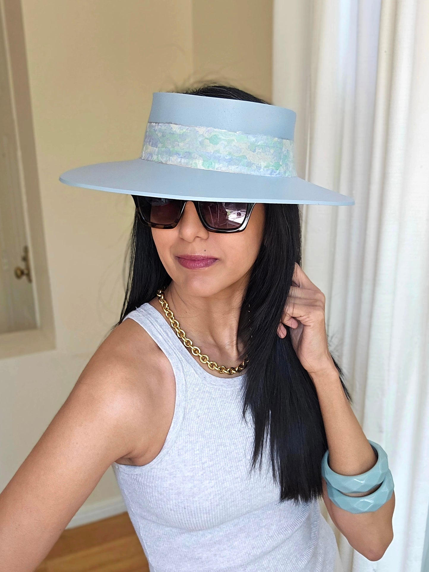 Tall Light Blue "LadyEVA" Visor Hat with Pastel Green Light Blue Band