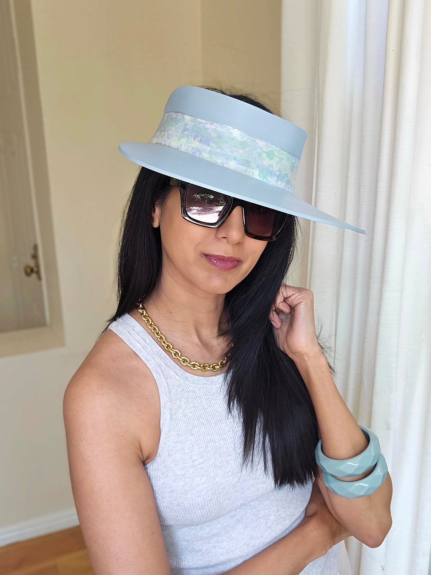 Tall Light Blue "LadyEVA" Visor Hat with Pastel Green Light Blue Band