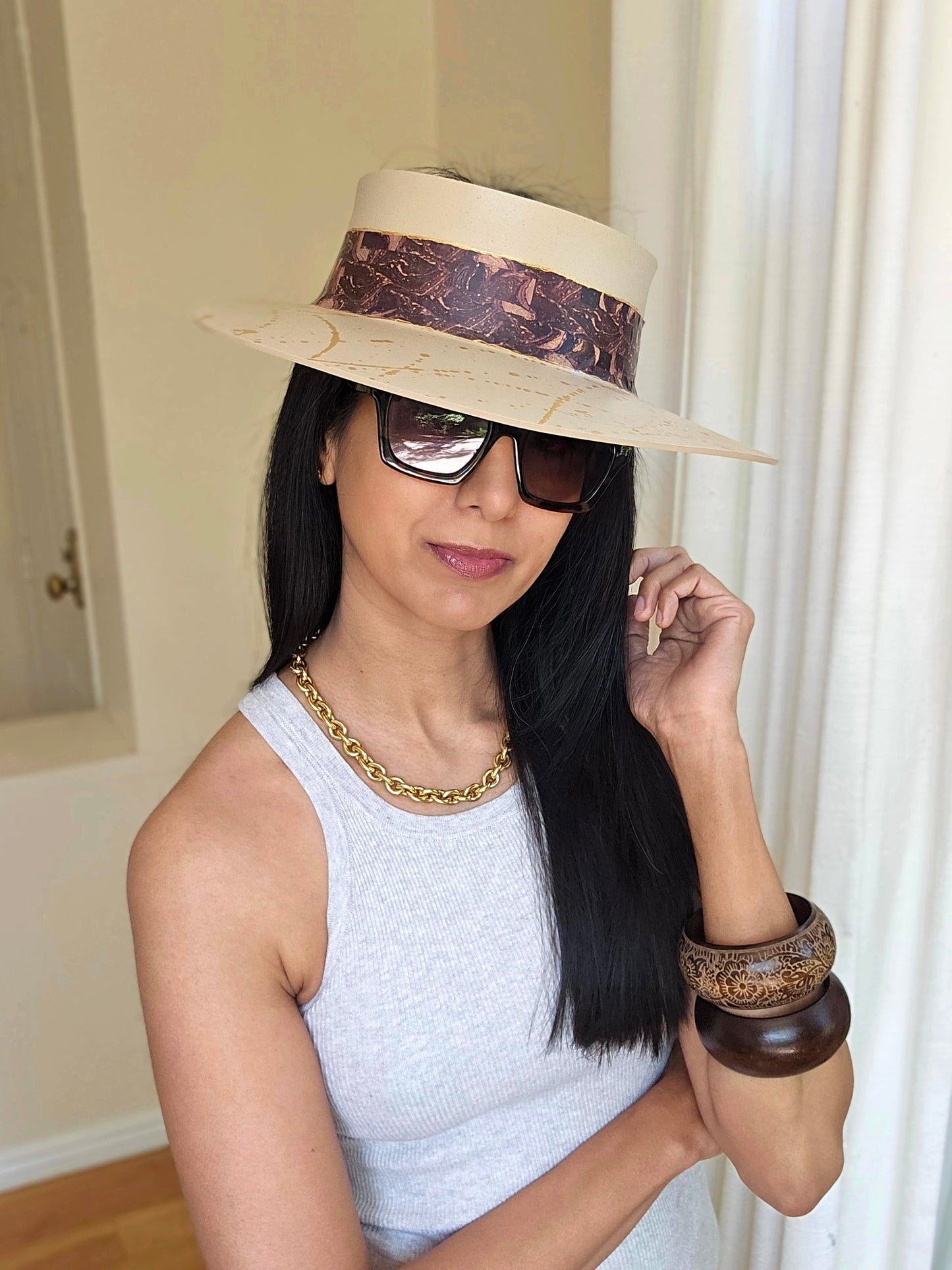 Beige "LadyEVA" Visor Hat with Marbled Dark Purple Band and Gold Paint Splatter Effect