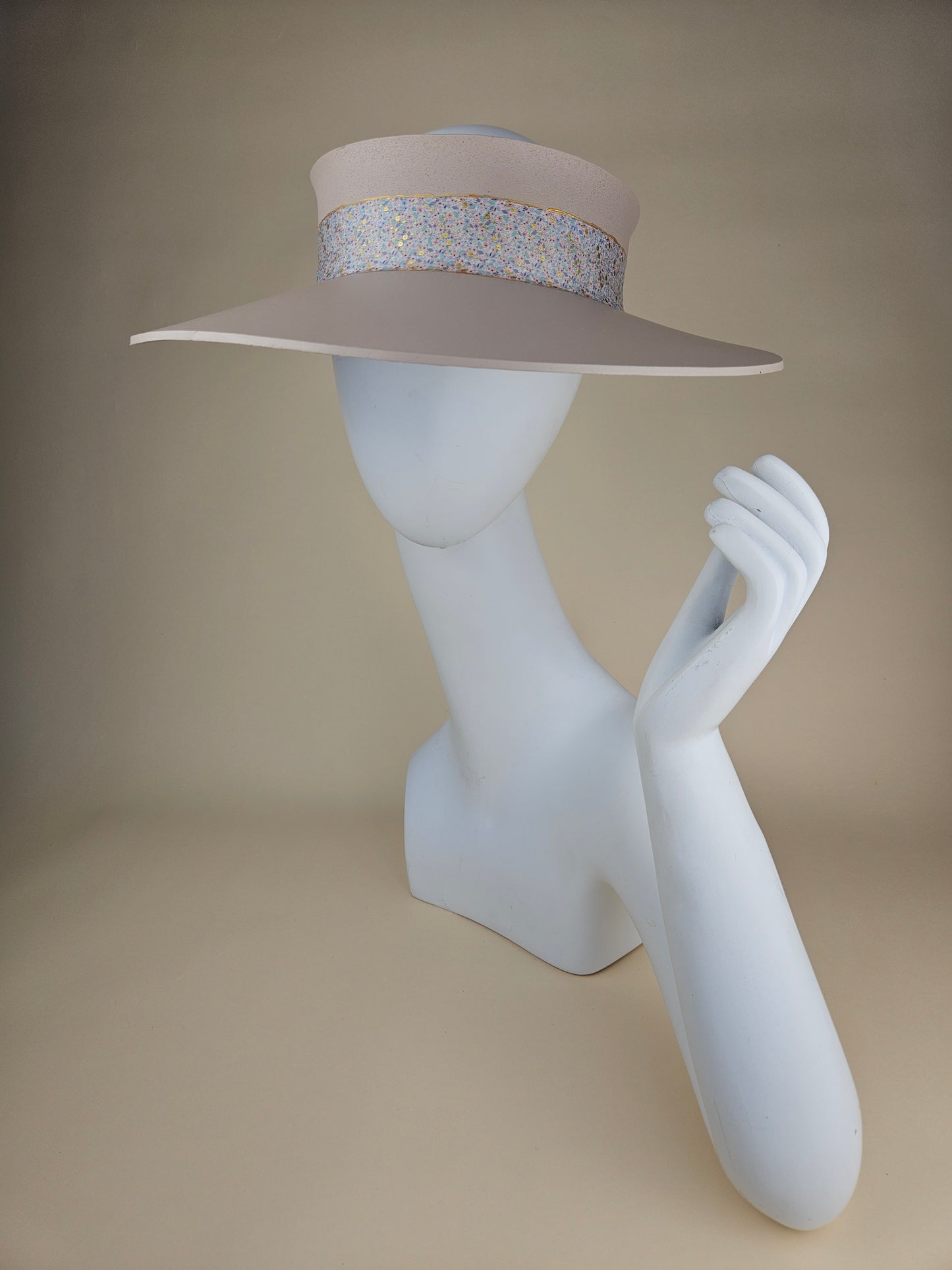 Peach Gray "LadyEVA" Visor Hat with Golden Pastel Multicolor Floral Band