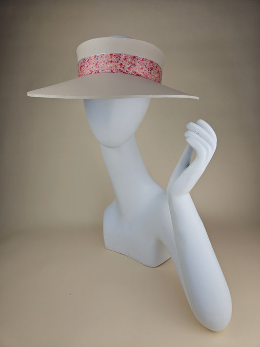 Gray Beige "LadyEVA" Visor Hat with Pink Floral Band