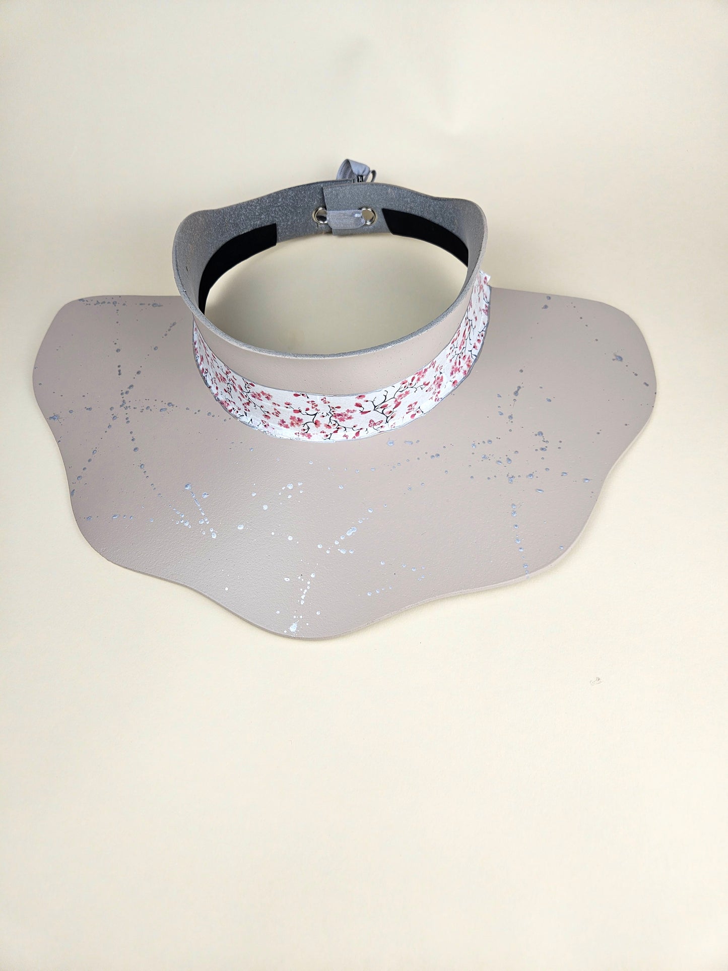 Peach Gray Lotus Visor Hat with Cherry Blossom Floral Band and Silver Paint Splatter Effect