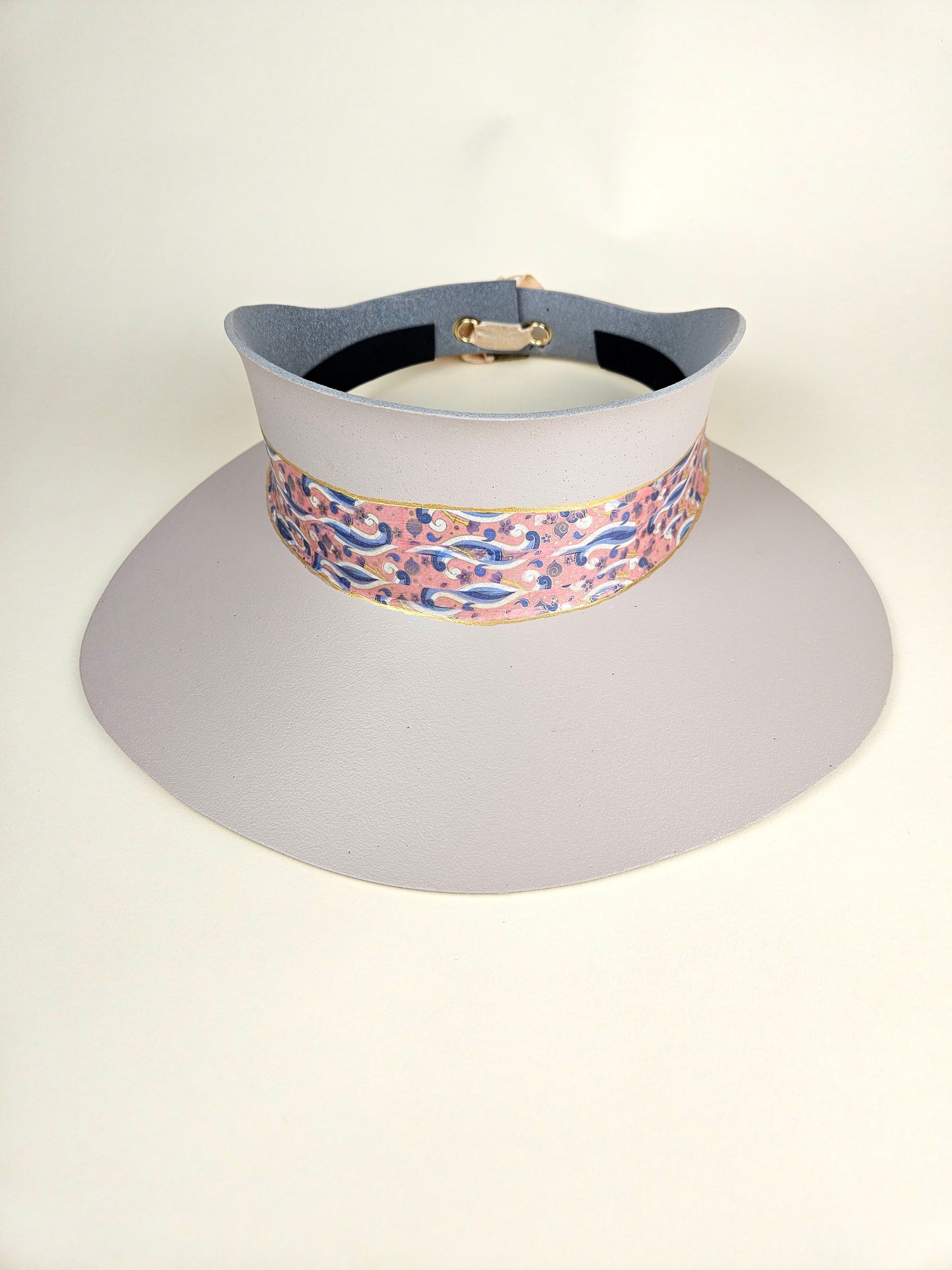 Tall Peach Gray "LadyEVA" Visor Hat with Pink and Lavender Blue Floral Band