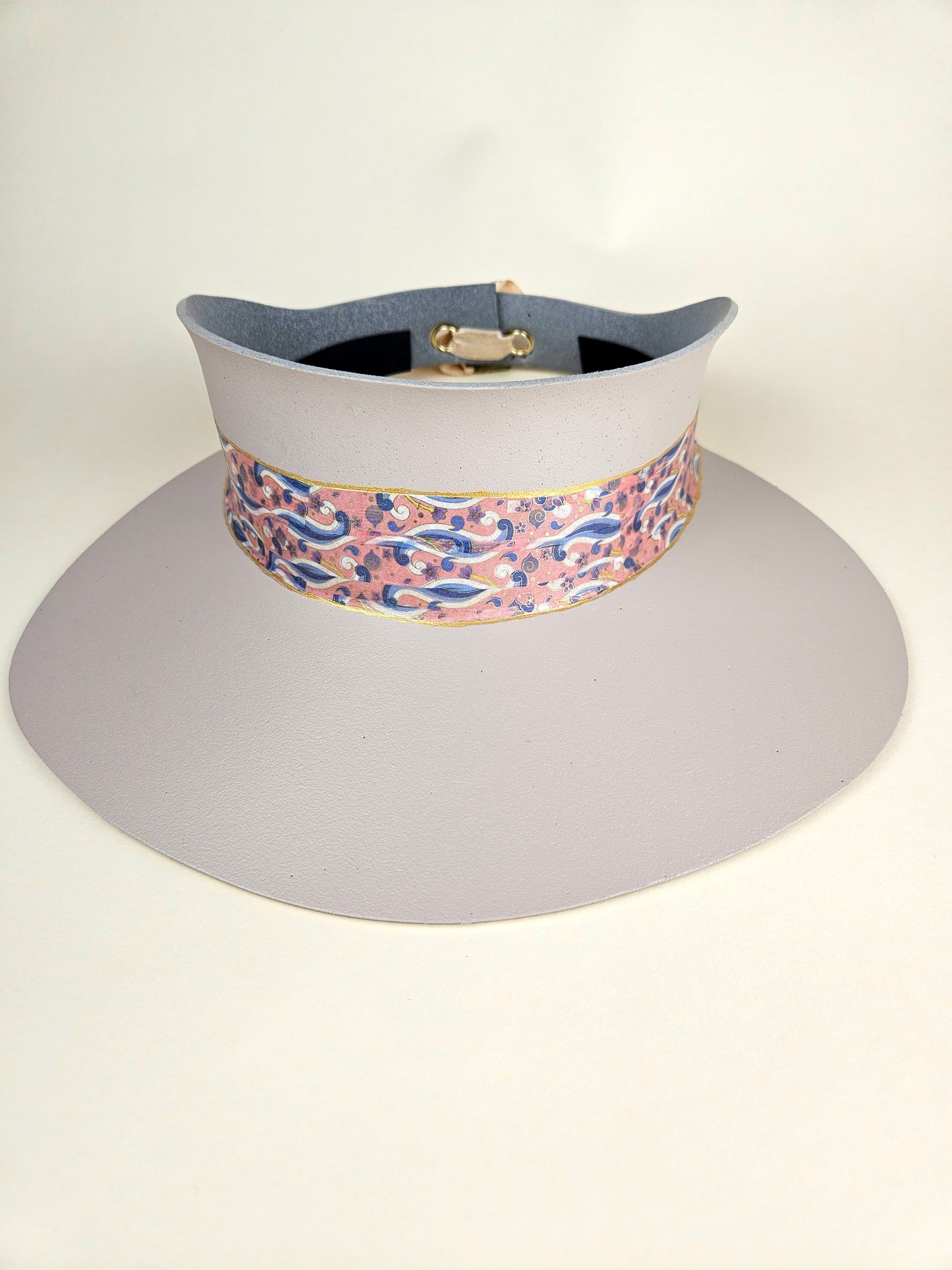 Tall Peach Gray "LadyEVA" Visor Hat with Pink and Lavender Blue Floral Band