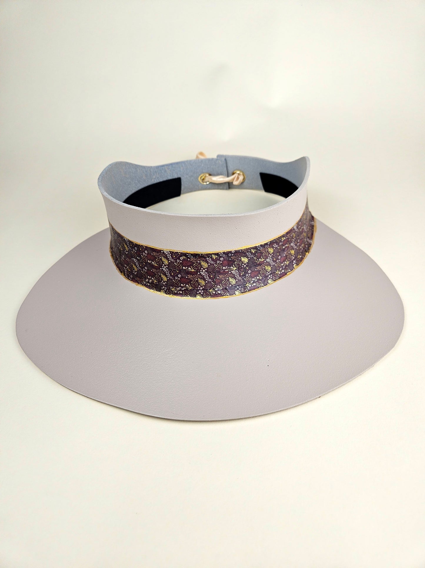 Peach Gray "LadyEVA" Visor Hat with Dark Purple, Red and Gold Band